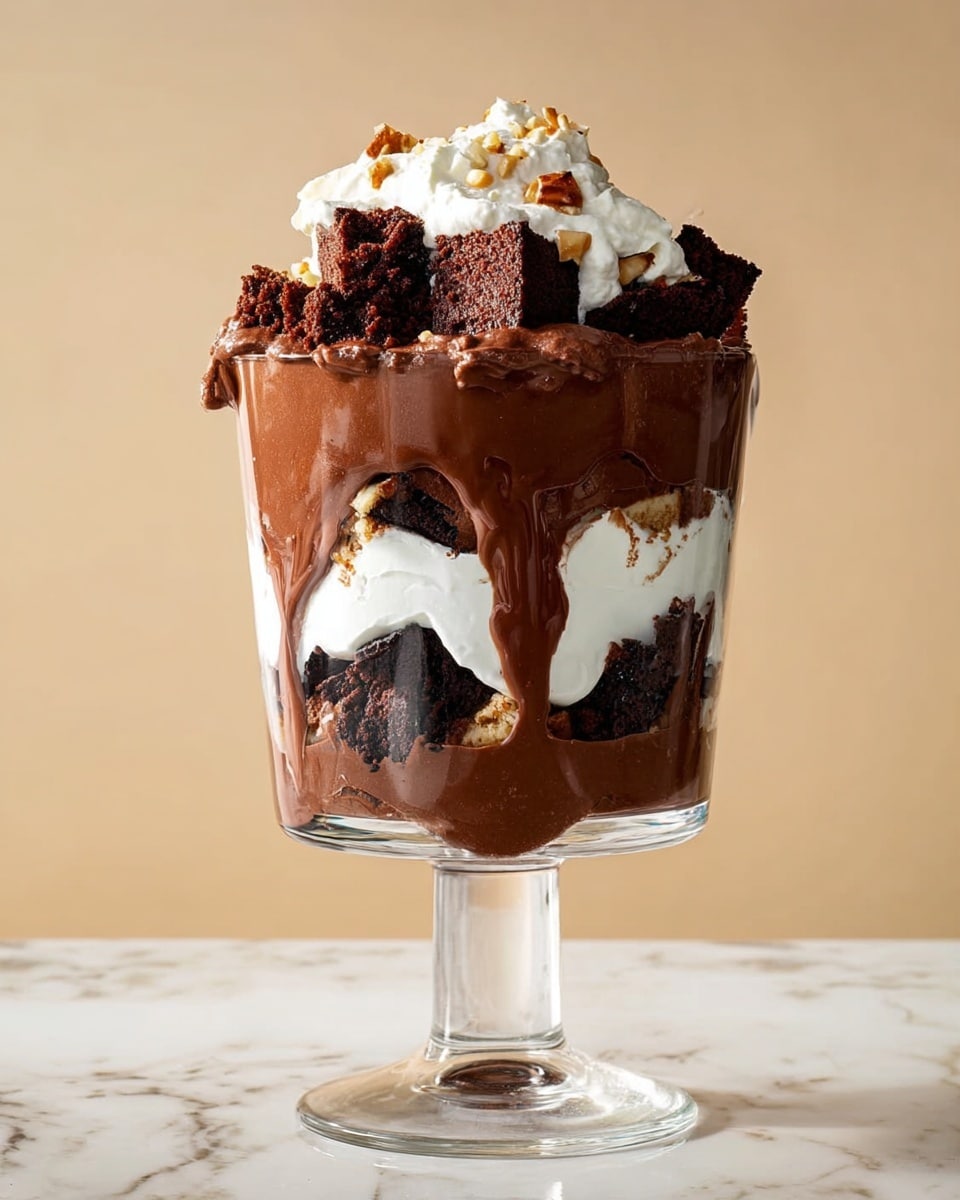 The image shows a tall, clear glass filled with a layered chocolate trifle dessert. Starting from the bottom, there is a layer of dark chocolate cake pieces, followed by a thick layer of smooth brown chocolate pudding that drips slightly down the sides. Above that is a bright white whipped cream layer, with another layer of chocolate cake chunks placed unevenly on top. More chocolate pudding is spread over the cake, topped finally with a thick, fluffy layer of white whipped cream. The dessert is garnished with small pieces of chopped nuts on top. The glass sits on a white marbled surface with a plain light beige background. photo taken with an iphone --ar 4:5 --v 7