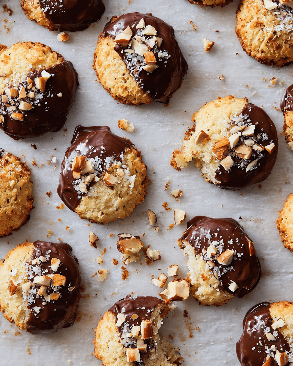 The image shows many round cookies placed on parchment paper over a white marbled surface. Each cookie has two layers: a golden-brown, slightly rough base with a soft texture, and a generous coating on one side of smooth, dark melted chocolate. On top of the chocolate, there are small pieces of chopped light brown nuts scattered unevenly. Some cookies are plain without chocolate, and one cookie is broken in half showing a fluffy, white inside. Small crumbs and nut pieces are scattered all around. photo taken with an iphone --ar 4:5 --v 7