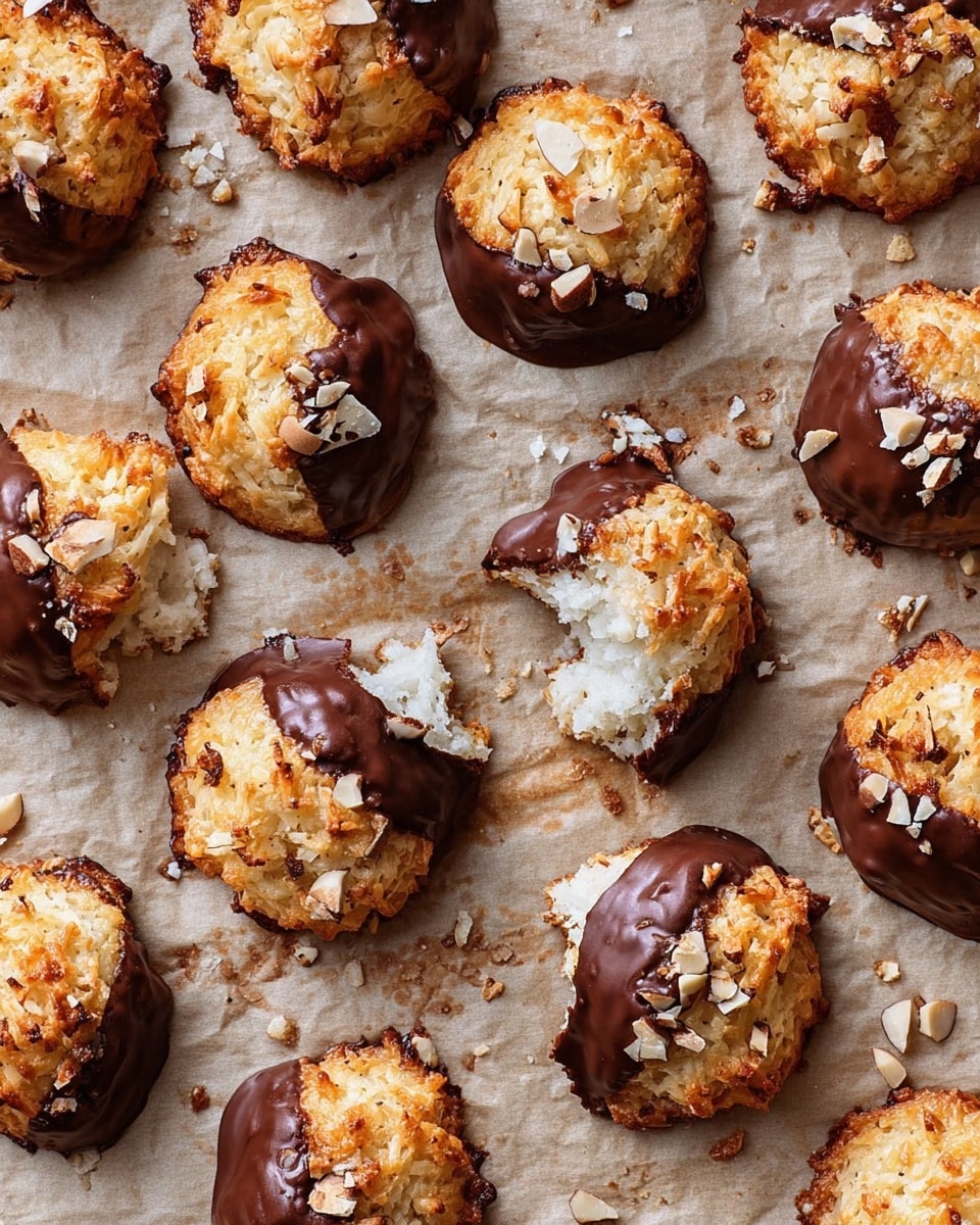 There is a white marbled surface covered with scattered baked coconut macaroon cookies, each about two layers thick with a golden-brown baked base and a rough texture. Half of each cookie is dipped in smooth dark chocolate, rich and glossy, topped with small chunks of chopped almonds that add a crunchy texture. Some cookies have been bitten into, showing a soft white coconut inside. The cookies are all resting on light brown baking paper that has some slight oil marks. Photo taken with an iphone --ar 4:5 --v 7
