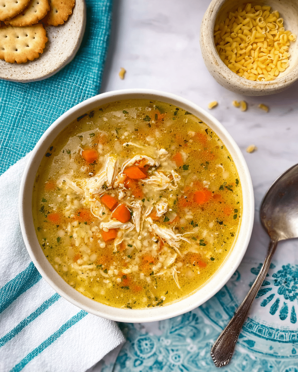 A white round bowl with handles holds a thick yellow soup filled with small pieces of red tomato and green herbs, with soft white curds adding texture, and a silver spoon resting inside. Around the main bowl, there is a smaller light grey bowl of the same soup with a silver spoon, a white bowl with a blue and red floral patterned spoon, and a white bowl containing brown chips. A white cloth with blue stripes is casually placed near the main bowl. All dishes sit on a white marbled surface decorated with intricate blue patterns. photo taken with an iphone --ar 4:5 --v 7