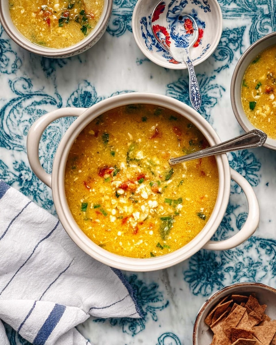 A white bowl filled with a chunky soup, showing three main layers: a light yellow broth base with some visible herbs, shredded light brown chicken pieces scattered in the middle, and diced orange carrots on top. The soup has bits of small pasta or grains mixed throughout, adding texture. A silver spoon rests on the right edge of the bowl next to a folded white cloth with turquoise stripes. Above the bowl, there is a small beige ceramic bowl with tiny yellow pasta, and some crisp brown crackers on a white marbled surface with a soft blue patterned cloth underneath. Photo taken with an iphone --ar 4:5 --v 7