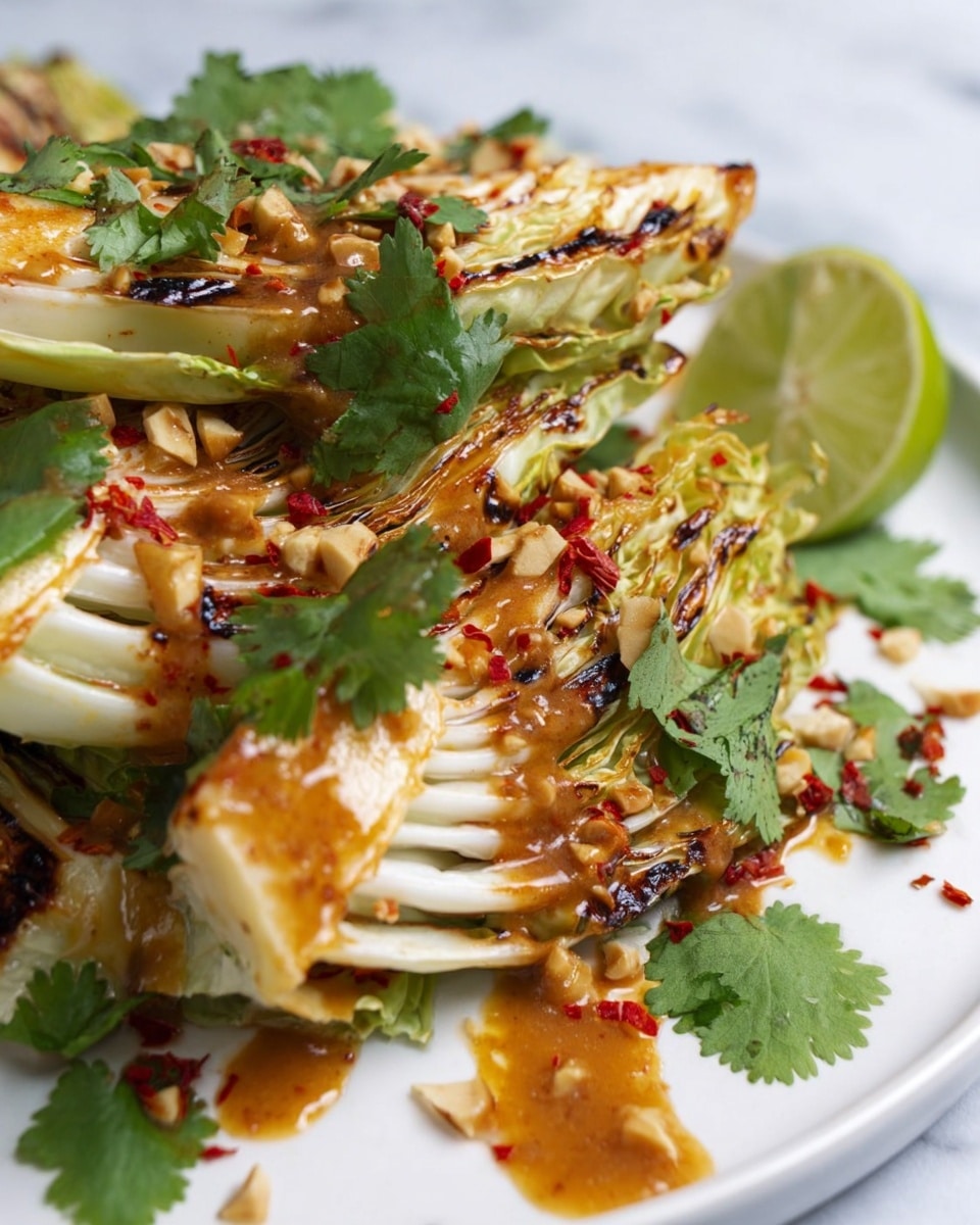 The image shows grilled cabbage wedges stacked on a white plate, each wedge having a slightly charred brown edge and a light green-white interior with visible layers. A golden-brown sauce is drizzled over the cabbage, with small pieces of chopped nuts and red chili flakes scattered on top. Bright green cilantro leaves are placed across the cabbage, adding a fresh color contrast. In the background at the top, half of a lime with a green rind and juicy flesh is partly visible. The whole dish sits on a white marbled surface. photo taken with an iphone --ar 4:5 --v 7
