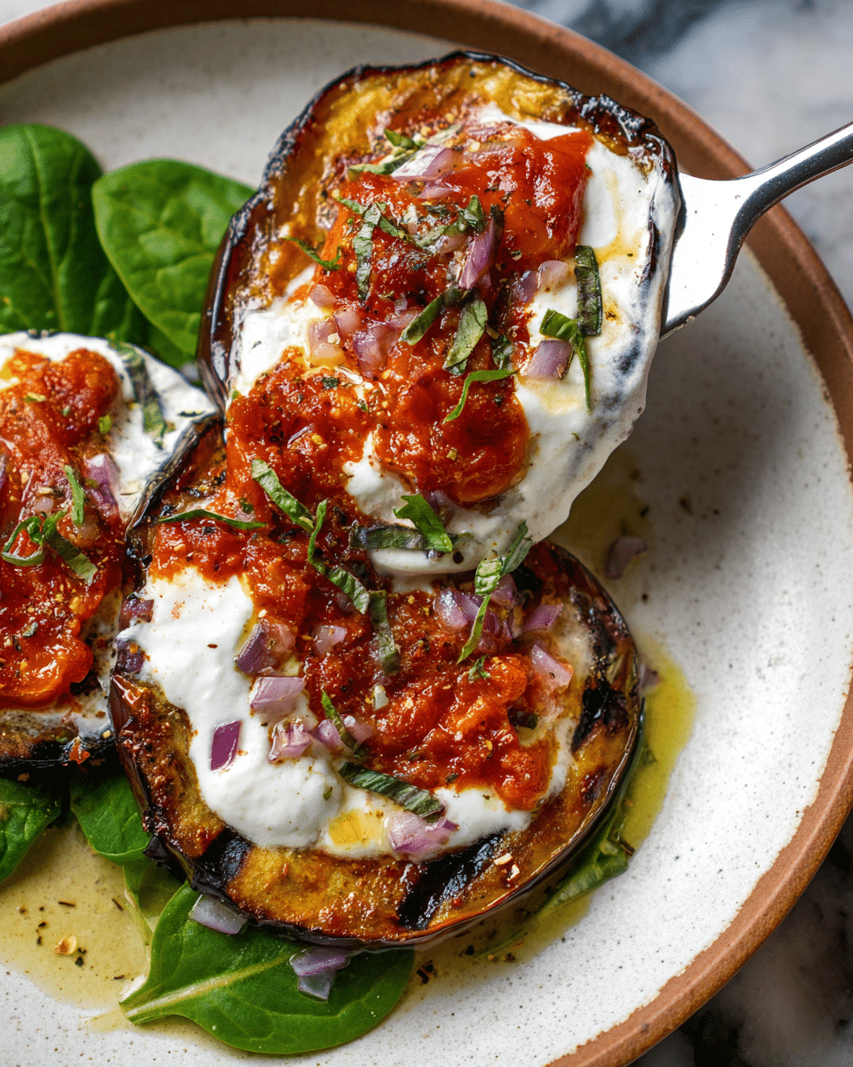 A close-up image of two thick slices of golden-brown grilled eggplant on a white plate, each slice charred slightly around the edges. On top of each eggplant slice, there are creamy white dollops of yogurt sauce, layered with bright red chunky tomato sauce sprinkled with finely chopped purple onions and green herbs. The sauces mix a little on the plate, creating a wet, textured look with some oil glistening around the edges. Fresh green spinach leaves are placed underneath, adding a touch of color contrast. The scene is set on a white marbled surface, with a spatula lifting one eggplant slice from the plate. Photo taken with an iphone --ar 4:5 --v 7