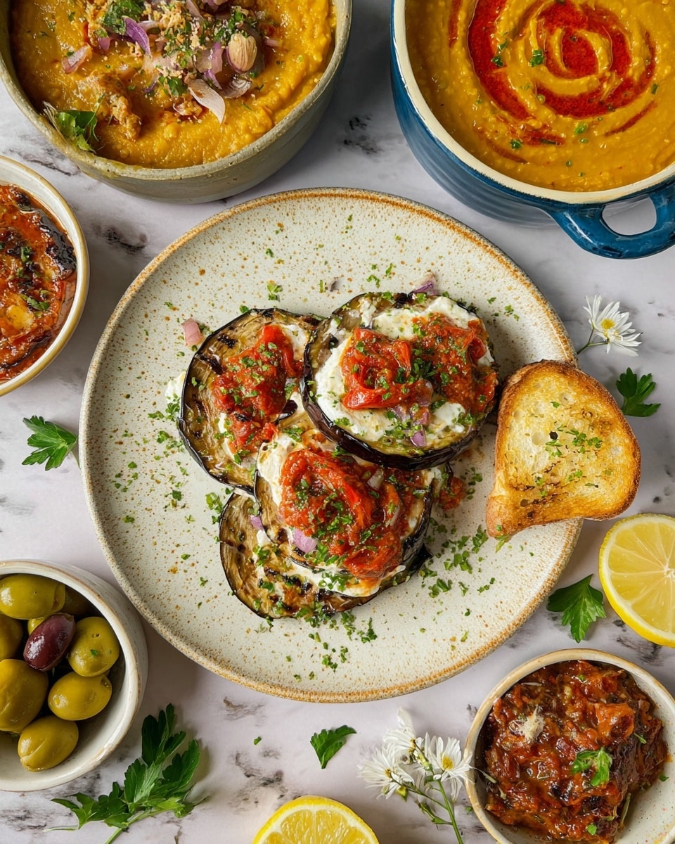 The main dish is on a speckled beige round plate, featuring four grilled round eggplant slices stacked unevenly. Each slice is layered with a creamy white sauce and topped with dollops of chunky red tomato sauce, sprinkled with finely chopped red onions and green herbs. Fresh flat parsley leaves are scattered on and around the eggplant for garnish. To the right side of the plate sits a piece of toasted bread with visible butter spread. Surrounding the main plate are several bowls: a blue-handled round pot filled with a thick yellow lentil soup, garnished with a swirl of red sauce and parsley; a small white bowl of green olives mixed with red chili; and another bowl with a chunky, reddish-brown spread garnished with herbs and a slice of lemon. A halved lemon also sits on the white marbled surface nearby, which is the background of the scene. A few loose parsley leaves and white flower petals add decoration around the dishes. photo taken with an iphone --ar 4:5 --v 7