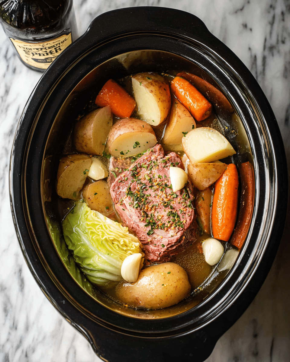 A black slow cooker filled with a one-layer meal showing a center piece of pink meat covered in herbs and seasoning, surrounded by large chunks of light brown potatoes, thick orange carrot pieces, and light green cabbage leaves. All ingredients are arranged evenly, with a few garlic cloves floating in clear broth at the bottom. A dark bottle is seen beside the slow cooker on a surface with a white marbled texture. photo taken with an iphone --ar 4:5 --v 7