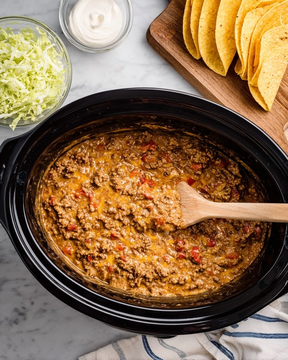 A close-up view of a slow cooker filled with a creamy dish made of cooked ground meat mixed with melted cheese and small red bits, giving a textured and chunky look, stirred by a wooden spoon laying inside the cooker. To the top left, there are two small clear glass bowls, one filled with shredded light green lettuce and the other with white sour cream. To the right side, there is a wooden board holding several yellow corn taco shells slightly stacked. The whole setup is placed on a flat white marbled surface with a white cloth with blue lines partially visible on the right side. Photo taken with an iphone --ar 4:5 --v 7