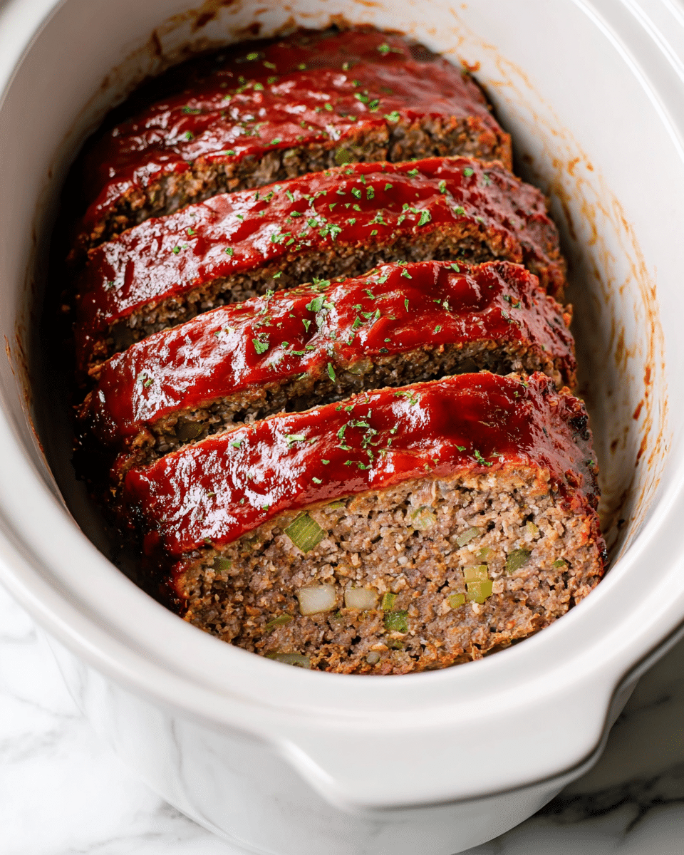 A white round slow cooker contains a thick meatloaf sliced into five large pieces, showing a textured inside with bits of green and white vegetables mixed throughout the brown ground meat. The top of the meatloaf is covered in a shiny, smooth red sauce, spread evenly in strips parallel to the slices, sprinkled lightly with green herbs. The inside of the slow cooker around the meatloaf shows cooked juices and small bits of the meatloaf crust. The background is a white marbled texture. photo taken with an iphone --ar 4:5 --v 7