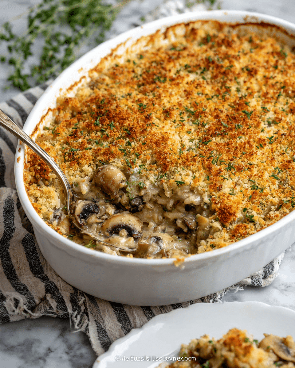 An oval white dish holds a creamy mushroom and rice casserole topped with a golden brown, crispy breadcrumb layer speckled with green herbs. The casserole shows a textured mix of chunky mushrooms and creamy sauce beneath the crunchy topping. A spoon inside the dish reveals the soft, thick inside with chunks of mushrooms and rice. In the bottom right corner, a white plate with a serving of the casserole adds depth to the image. The dish sits on a white marbled surface with a striped cloth nearby and green herbs blurred in the background. Photo taken with an iphone --ar 4:5 --v 7