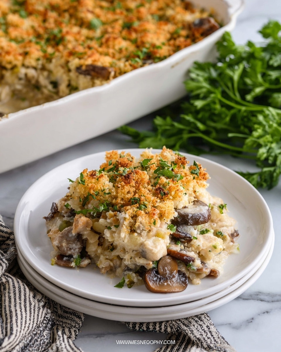 A white plate holds a serving of creamy chicken and mushroom casserole with three visible layers: the bottom layer is creamy white rice and sauce mixed with brown mushroom slices, the middle layer includes chunks of white chicken pieces, and the top layer is golden brown breadcrumbs mixed with finely chopped green herbs, giving a crunchy texture. In the background, a white dish is filled with the same casserole, showing the golden breadcrumb topping, and a bunch of fresh green parsley is placed on a white marbled surface nearby. A folded cloth with black stripes lies beneath the plate. photo taken with an iphone --ar 4:5 --v 7