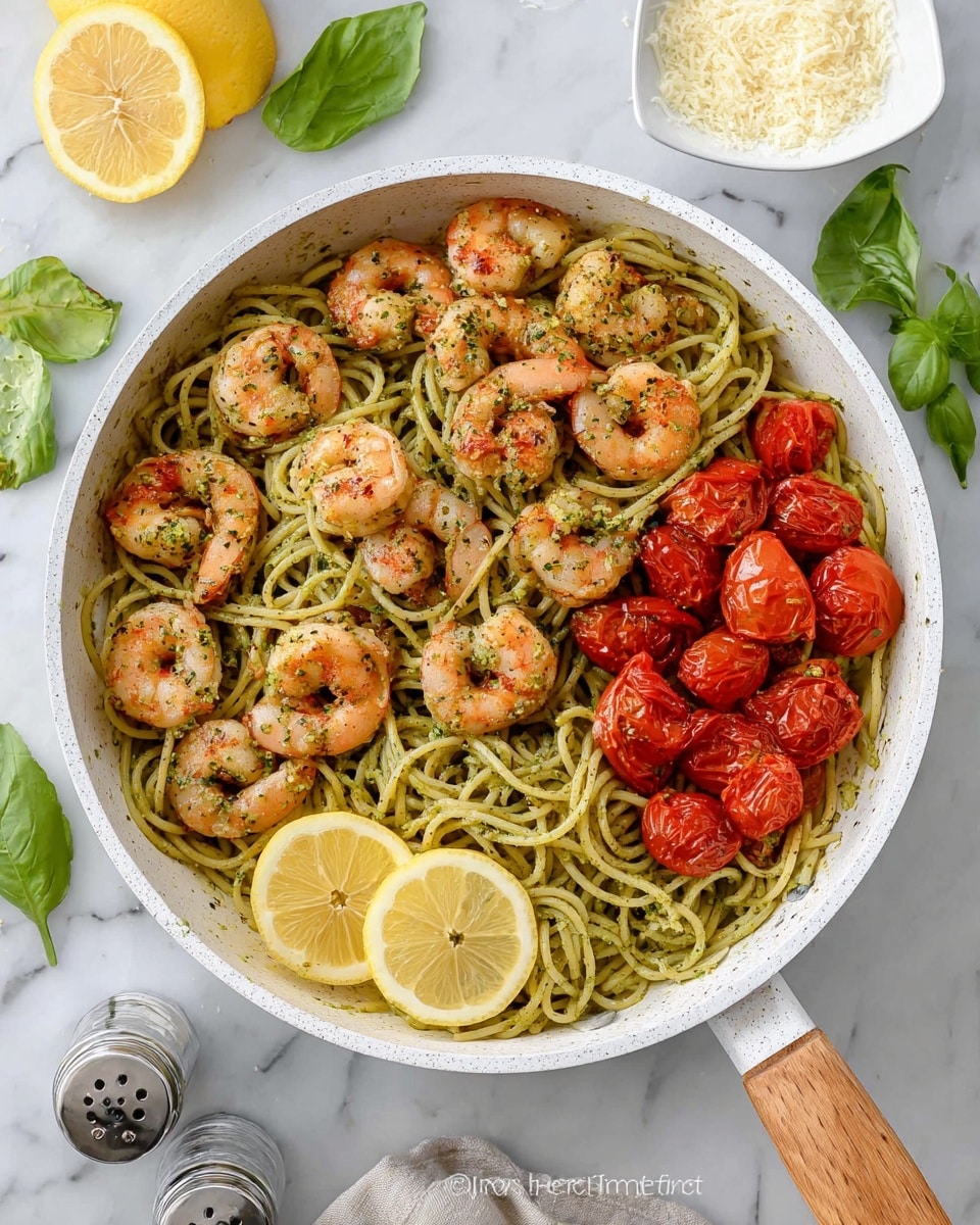 A white pan filled with three layers: the bottom layer is spaghetti mixed with green pesto sauce, giving a textured, glossy green color; the middle layer has several bright red roasted cherry tomatoes scattered all around; the top layer is a generous amount of cooked shrimp, pink with green herb seasoning, spread evenly; on the left side of the pan, there are three yellow lemon wedges arranged close together. The pan handle is light wood and white. The background is a white marbled texture with some green basil leaves and lemon slices scattered nearby, a small white dish filled with grated cheese, and clear salt and pepper shakers. photo taken with an iphone --ar 4:5 --v 7