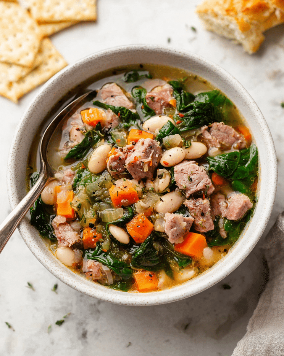 A white bowl filled with a colorful, hearty soup showing three main layers: the first layer is a clear broth with tiny herbs and black pepper floating on top; above it, chunks of pinkish cooked meat are mixed with white beans, small bright orange carrot cubes, and pale green celery pieces; the top layer contains fresh dark green spinach leaves scattered throughout. A silver spoon leans inside the bowl on the left side, and in the background, there are light-colored crispy crackers on a white marbled surface. photo taken with an iphone --ar 4:5 --v 7