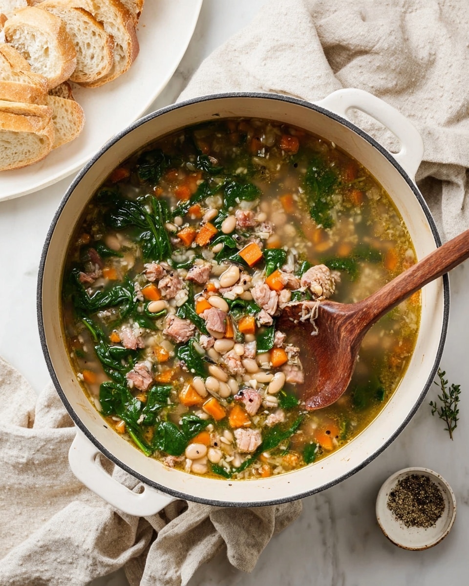 A large white pot filled with a colorful soup showing three main layers: a clear broth base with small white beans, a middle layer with soft diced orange carrots and chunks of light brown cooked meat, and a top layer of vibrant green spinach leaves, all mixed together and slightly glossy. A wooden spoon is resting in the pot, partially submerged, scooping up some of the soup. The pot is placed on a white marbled surface, with beige cloth nearby, a small white bowl with ground pepper, and several round pieces of sliced bread on a white plate in the top left corner. Photo taken with an iphone --ar 4:5 --v 7