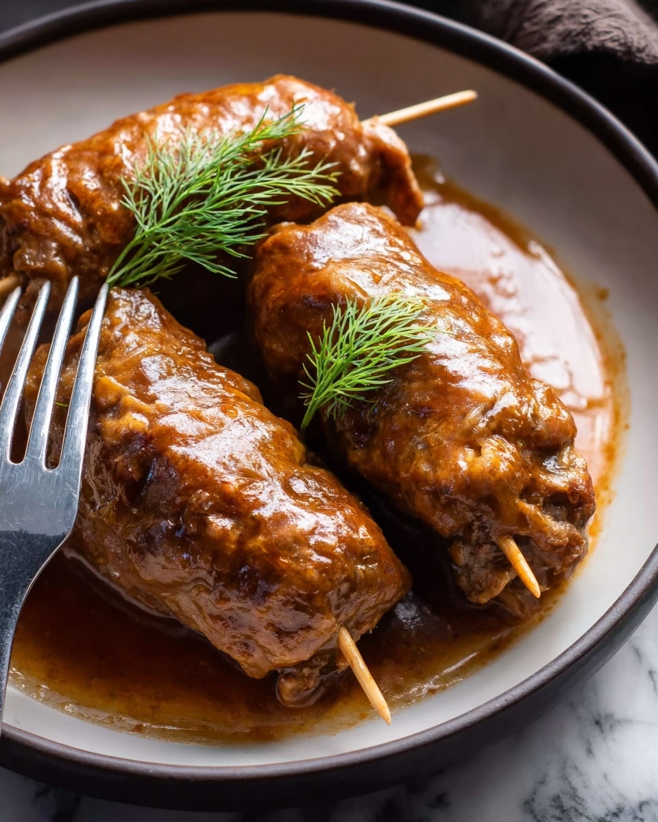 The image shows three thick, brown meat rolls covered in a shiny, rich brown sauce, arranged closely on a white plate. Each meat roll is held together with a small wooden stick, and a light green dill leaf is placed on top of each roll for decoration. The sauce pools slightly at the bottom of the rolls, adding a glistening effect. A metal fork is placed on the left side of the plate, resting near the rolls, with its prongs visible. The plate is set on a white marbled surface. Photo taken with an iphone --ar 4:5 --v 7
