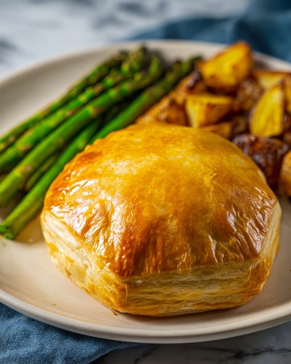 The image shows a white plate with a golden-brown baked puff pastry dome as the main item in the center. The pastry is glossy and has a slightly uneven surface texture from baking. To the left side of the plate, there is a neat bundle of green asparagus stalks, slightly charred and glossy. Behind the pastry, there are roasted potato wedges that are golden and slightly crispy. The plate is set on a white marbled surface with a hint of a blue cloth underneath. photo taken with an iphone --ar 4:5 --v 7