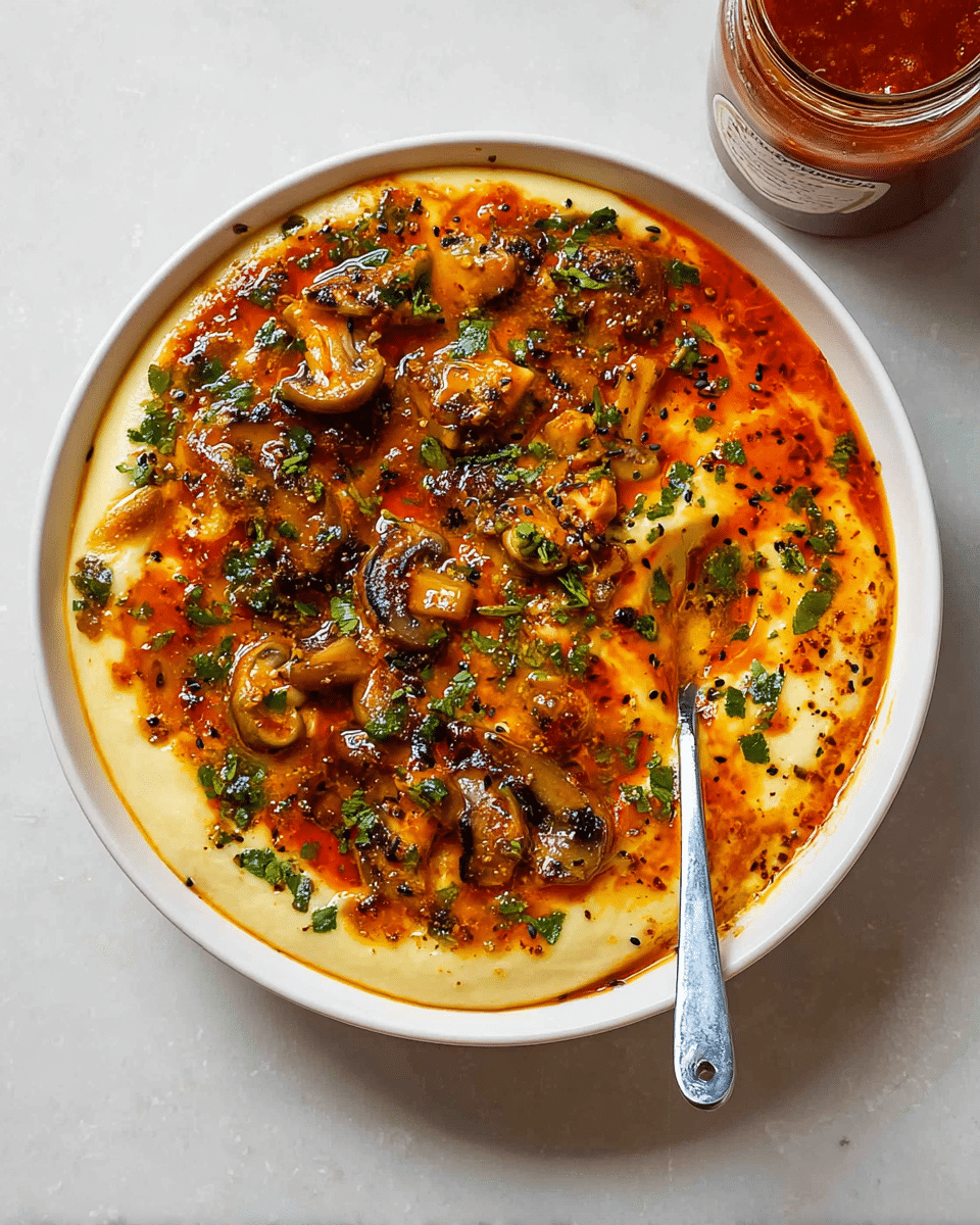 A bowl filled with a dish showing two main layers: the bottom layer is smooth and creamy, pale yellow in color, covering the whole base of the white bowl. The top layer is a rich, red-orange sauce with mushrooms and small round pieces, scattered evenly across. Finely chopped green herbs and black seeds are sprinkled on top, adding spots of dark green and black throughout the sauce. A metal spoon rests inside the bowl on the right side, slightly dipped into the sauce. The bowl is placed on a white marbled surface, with a glass jar of red sauce nearby on the upper right. photo taken with an iphone --ar 4:5 --v 7