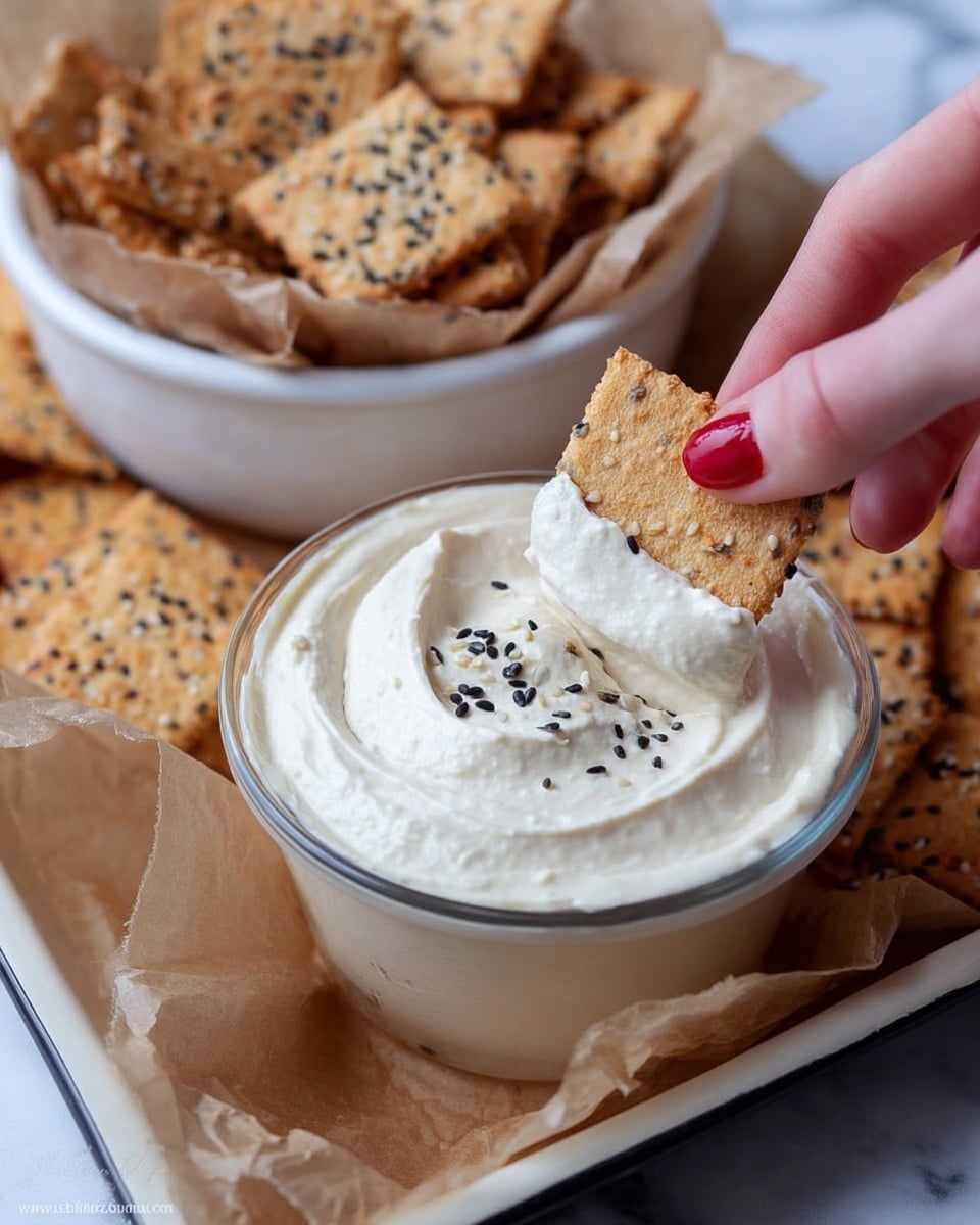 A close-up image shows a clear round container filled with smooth, creamy white dip with a slightly whipped texture. A woman's hand with red glittery nail polish is dipping a square cracker into the creamy dip; the cracker is light brown with a rough texture and sprinkled with black sesame seeds. Behind the container, there is a white bowl lined with brown parchment paper, filled with more square crackers that have the same color and black sesame seeds. Both the container and bowl are placed on a tray covered with brown parchment paper. The background has a white marbled texture. photo taken with an iphone --ar 4:5 --v 7