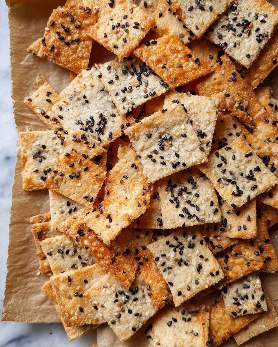 A pile of thin, square crackers is scattered on a sheet of light brown parchment paper, placed over a white marbled surface. The crackers have a golden-brown to light beige color with some areas darker from baking, and their texture looks crisp and slightly rough. Each cracker is sprinkled generously with small black sesame seeds, adding a dotted pattern on top. The edges are straight and some crackers show slight bending or cracking from crispness. The overall look is rustic and homemade, showing variation in color and thickness. photo taken with an iphone --ar 4:5 --v 7