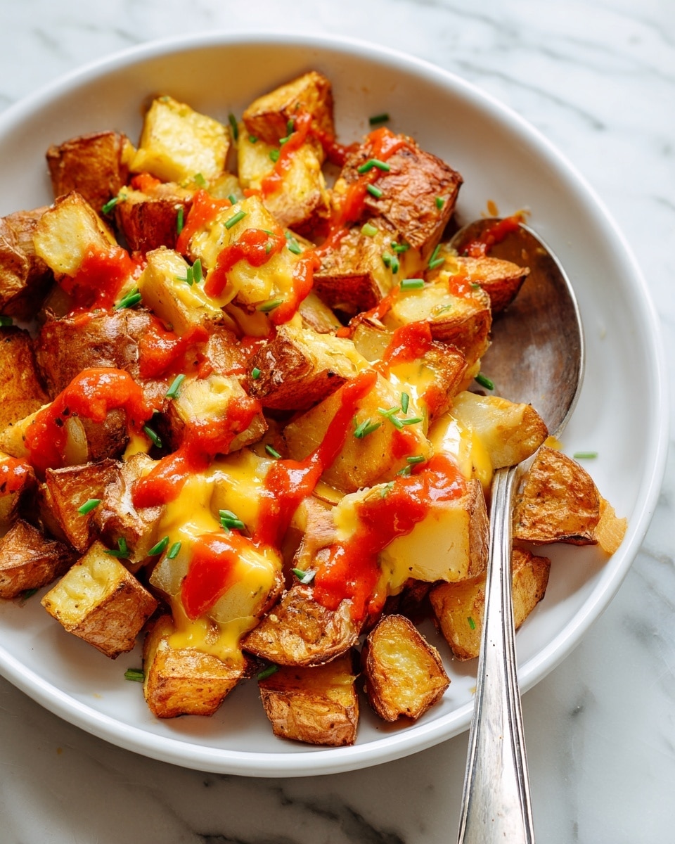 A close-up of a white bowl filled with golden brown fried potato cubes that have a crispy texture and some pieces with skin on; the potatoes are topped with melted yellow cheese that drapes softly over the cubes and bright red sauce drizzled unevenly on top; small green chive pieces are sprinkled over the dish for color contrast; a silver spoon rests inside the bowl, partly covered by the potatoes; the bowl sits on a white marbled surface. photo taken with an iphone --ar 4:5 --v 7