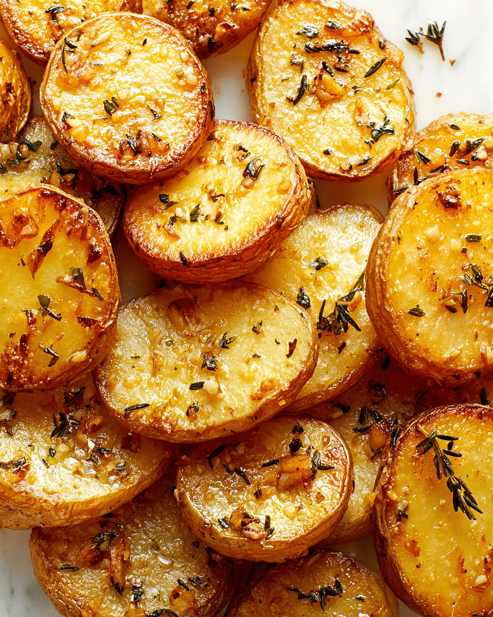 Close-up of crispy roasted potato slices arranged tightly together, each slice showing two distinct layers: a golden-brown seared exterior with a slightly shiny, oily glaze and a soft, pale yellow center. The potatoes are sprinkled with small pieces of chopped garlic and green herb bits, likely rosemary and thyme, adding specks of green and brown across the golden surface. The texture is slightly rough due to the herbs and garlic, with some slices having dark caramelized spots that emphasize the crispness. The background is a clean white marbled texture, enhancing the warm colors of the potatoes. photo taken with an iphone --ar 4:5 --v 7