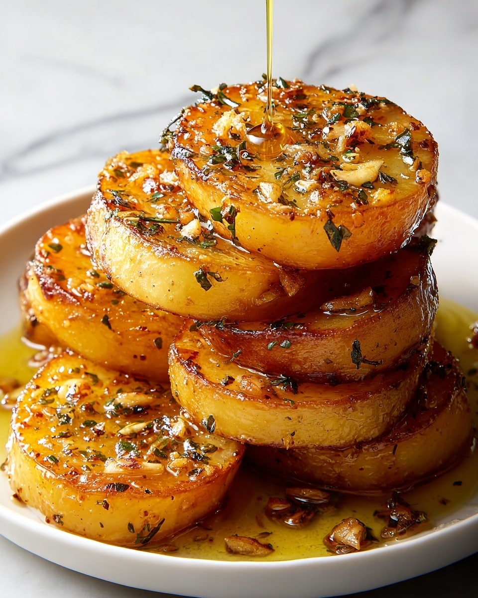 A stack of thick, golden-brown rounds of cooked potatoes layered on a white plate, each piece showing a crispy, caramelized surface sprinkled with small bits of garlic and fresh green herbs. The edges of the potato slices are slightly glossy and browned, indicating a seared texture. A drizzle of golden oil is being poured onto the top potato slice, adding a shiny, moist look. The plate sits on a white marbled surface, highlighting the warm colors of the potatoes and herbs. Photo taken with an iphone --ar 4:5 --v 7