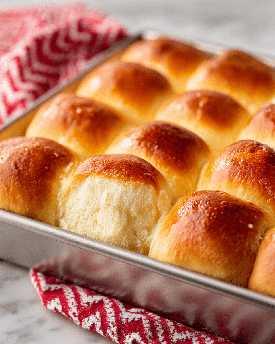 A close-up view of a baking tray filled with twelve golden brown dinner rolls arranged in a 3 by 4 grid. Each roll has a shiny, slightly uneven top layer with a glossy texture, showing a mix of light and darker golden browns. The rolls are soft and fluffy with smooth edges where they touch each other. To the left of the tray is a white plate holding a thick pale yellow block of butter and some coarse salt, sitting on a red patterned cloth. The entire scene is set on a white marbled surface. photo taken with an iphone --ar 4:5 --v 7