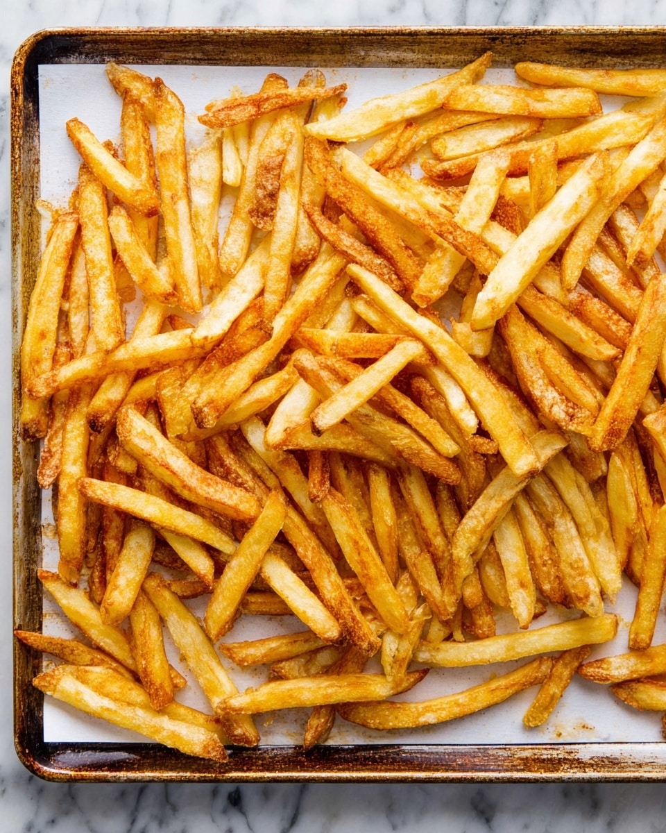The image shows a baking tray covered with golden-brown French fries spread out in a single layer. Each fry has a slightly crispy texture with some variation in color from light golden to deeper brown at the edges, showing they are freshly cooked and crisp. The fries are irregular in shape but mostly long and thin, lying flat on white paper lining the tray. The tray itself looks worn with a dark, metallic finish. The white marbled texture surface background is slightly visible around the edges of the tray. Photo taken with an iphone --ar 4:5 --v 7