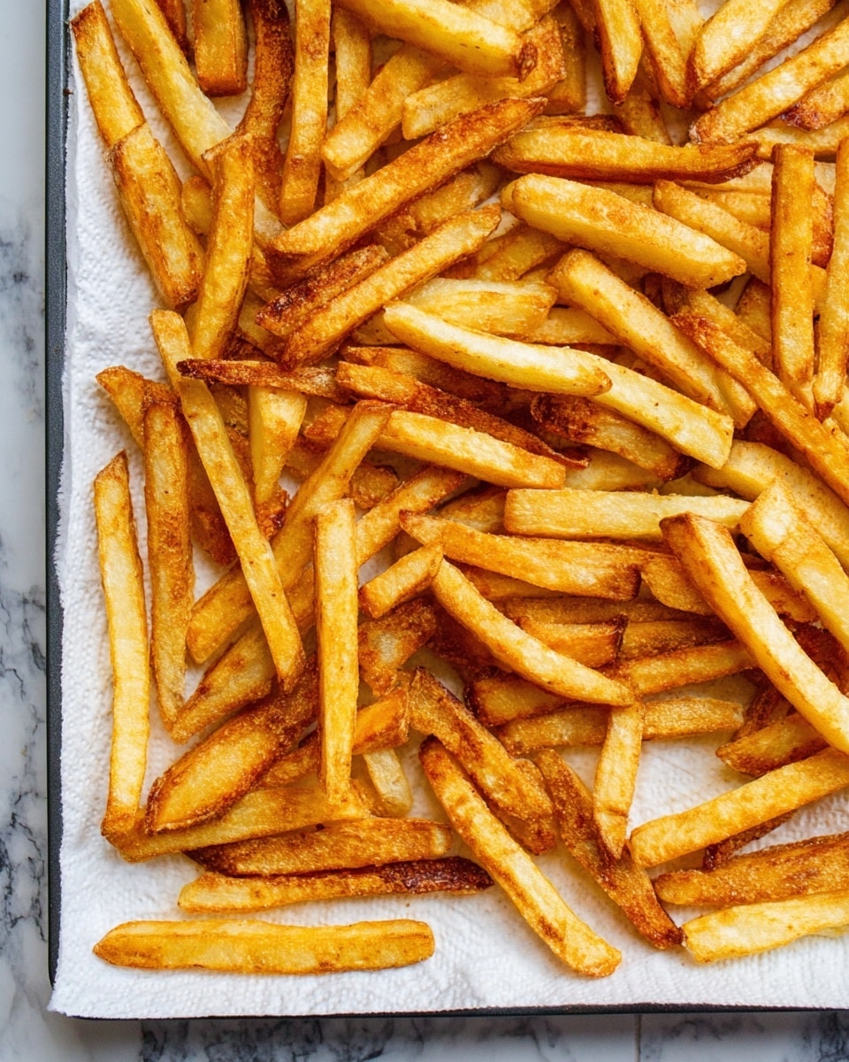The image shows a baking tray filled with a single layer of golden brown homemade French fries, each fry varying slightly in thickness and length, with some edges darker and crispier, creating a mix of light and darker golden tones. The fries have a rough, slightly uneven texture, indicating they are freshly cut and baked. The tray is lined with a white paper towel to soak excess oil. The background has been imagined as a white marbled texture to replace the original. Photo taken with an iphone --ar 4:5 --v 7