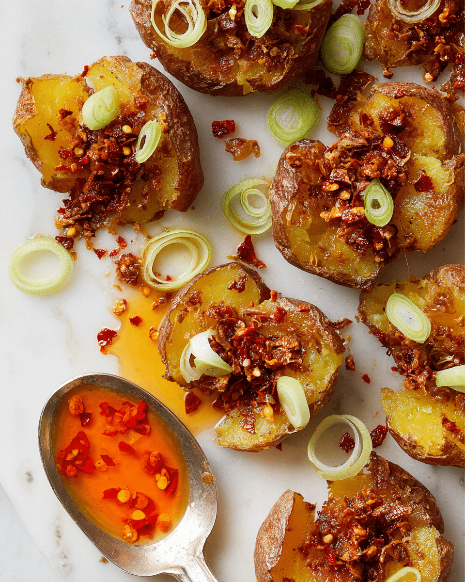 A white round plate is filled with several smashed small potatoes that have rough, cracked brown skins and soft yellow insides showing through. The potatoes are uneven in shape and topped with a scattering of chopped green onions and a generous drizzle of bright red chili oil, mixed with red pepper flakes, making the dish look spicy and oily. To the top right of the plate, there is a white bowl filled with more chili oil and a spoon resting inside. The scene is set on a white marbled surface. photo taken with an iphone --ar 4:5 --v 7