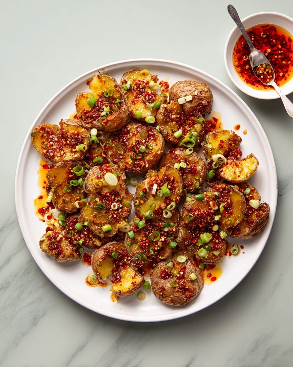 The image shows several crispy smashed potatoes placed directly on a white marbled surface. Each potato piece has a rough, brown skin layer on the outside with a golden-yellow, soft, and fluffy inside layer that is broken and cracked open. The potatoes are topped with a layer of red chili flakes and small bits of fried garlic or seasoning, giving a crunchy texture. Thin, pale green and white slices of fresh scallion rings are scattered on top and around the potatoes, adding a fresh, light touch. A silver spoon filled with a chili oil sauce, bright orange-red with floating chili flakes, lies on the surface next to the potatoes, with some of the sauce spilled around it. photo taken with an iphone --ar 4:5 --v 7