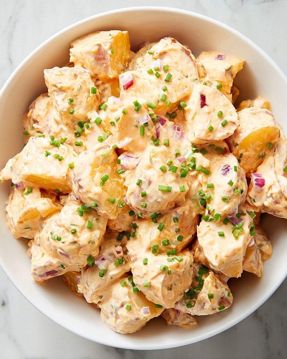 A white bowl filled with a creamy potato salad that shows several layers of chunky potato pieces coated in a light orange, smooth sauce. Small bits of red onion are visible throughout the sauce, adding subtle purple touches. The salad is topped with finely chopped green herbs, scattered evenly over the potatoes, creating a fresh contrast against the creamy texture. The background features a white marbled surface. photo taken with an iphone --ar 4:5 --v 7