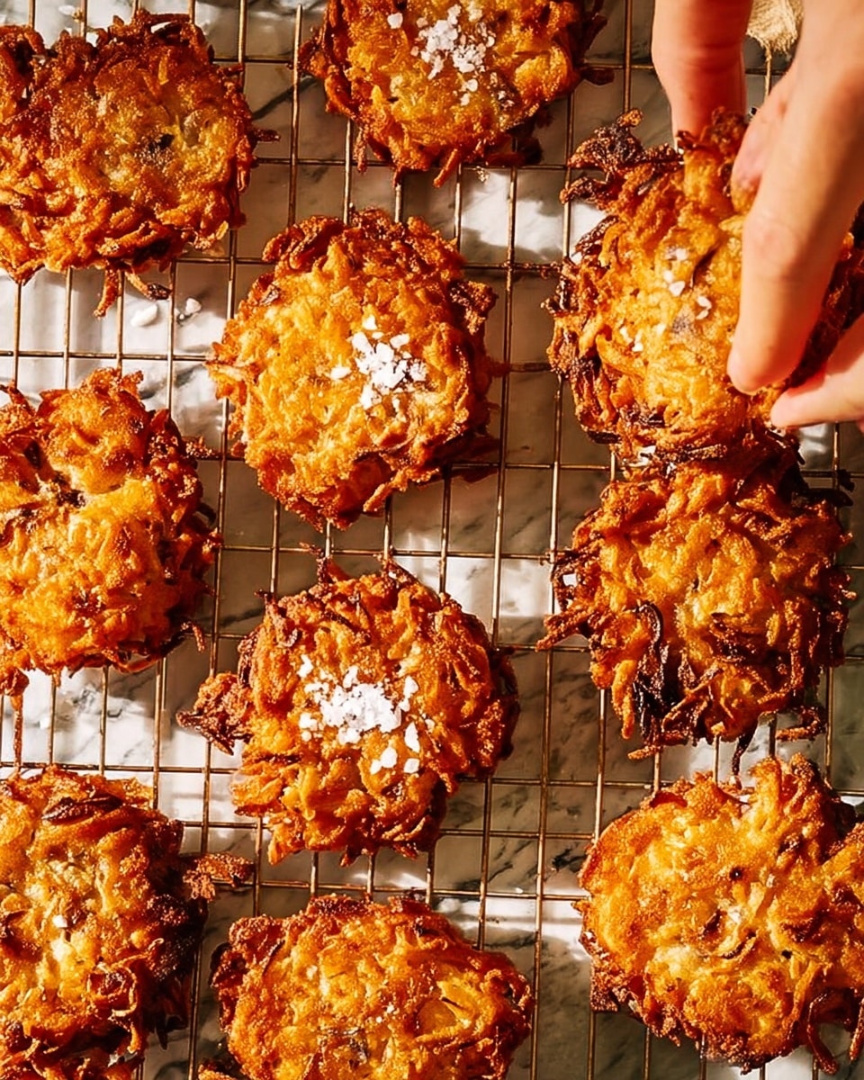 A close-up view of about eleven round, golden-brown fritters with rough, textured edges and crispy shredded bits throughout, cooling on a metal rack over a white marbled surface. Each fritter has an uneven surface with some lighter and darker brown areas showing a crunchy texture. A woman’s hand is seen sprinkling coarse white salt flakes on one fritter near the center. The light shines warmly, highlighting the crispiness and giving a fresh, appetizing look. Photo taken with an iphone --ar 4:5 --v 7
