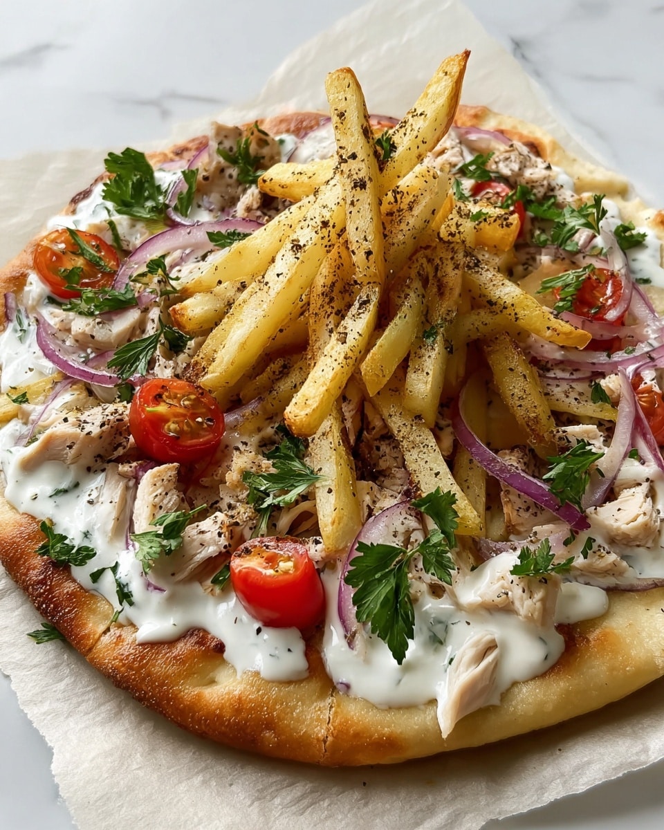 The image shows a flat round bread base with a golden-brown crispy edge. It is topped with a white creamy sauce spread unevenly across the surface, followed by thin slices of grilled white chicken pieces. On top of the chicken, there are several crispy golden french fries stacked in the center, sprinkled with black pepper. Around and under the fries, thin slices of red onion and halved cherry tomatoes add purple and red colors. Fresh green parsley leaves are scattered on top, adding a bright green touch. The dish sits on a piece of parchment paper over a white marbled surface. photo taken with an iphone --ar 4:5 --v 7