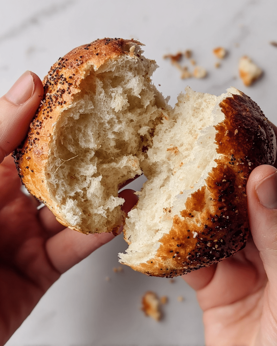 A close-up image shows a torn soft bread roll with a rough, golden-brown crust sprinkled with small dark seasoning bits. The inside of the bread is fluffy and light beige with a spongy texture, clearly visible where it is pulled apart into two uneven pieces. The bread is held by two woman's hands, one on each piece, with short nails and some crumbs scattered around. The background is a white marbled texture with some crumbs scattered near the bread. photo taken with an iphone --ar 4:5 --v 7