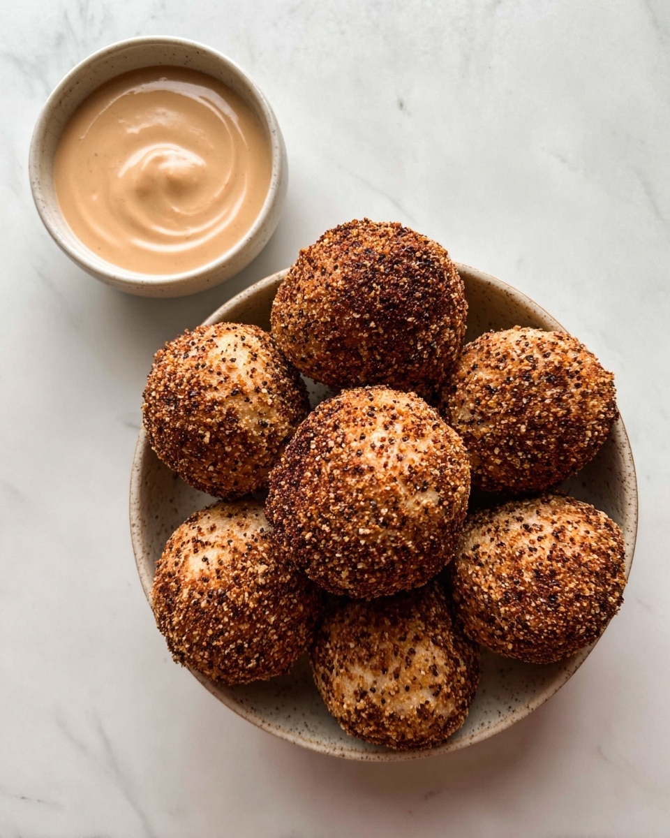 A bowl filled with seven round bread rolls covered in a crunchy, dark brown spice coating arranged closely together, showing a rough texture on the surface of each roll. Next to the bowl on the side is a small white bowl containing a creamy smooth light brown dipping sauce with a gentle swirl on top. The set is placed on a white marbled textured surface. photo taken with an iphone --ar 4:5 --v 7