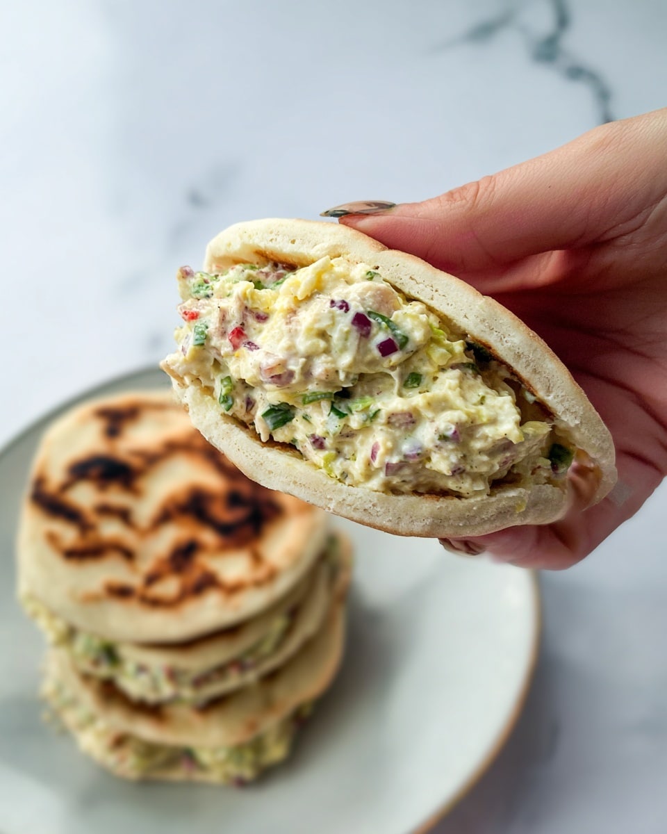 A close-up of a woman's hand holding a sandwich made with a soft, round, lightly toasted white pita pocket filled with a chunky creamy mixture that has pale yellow and white tones with visible small pieces of red, green, and dark purple ingredients, giving it a fresh, textured look. In the background, there is a white marbled surface with a white plate holding a stack of similar pita sandwiches that have browned, slightly charred tops. The image is bright and sharp, showing detail in the sandwich filling and pita bread. photo taken with an iphone --ar 4:5 --v 7
