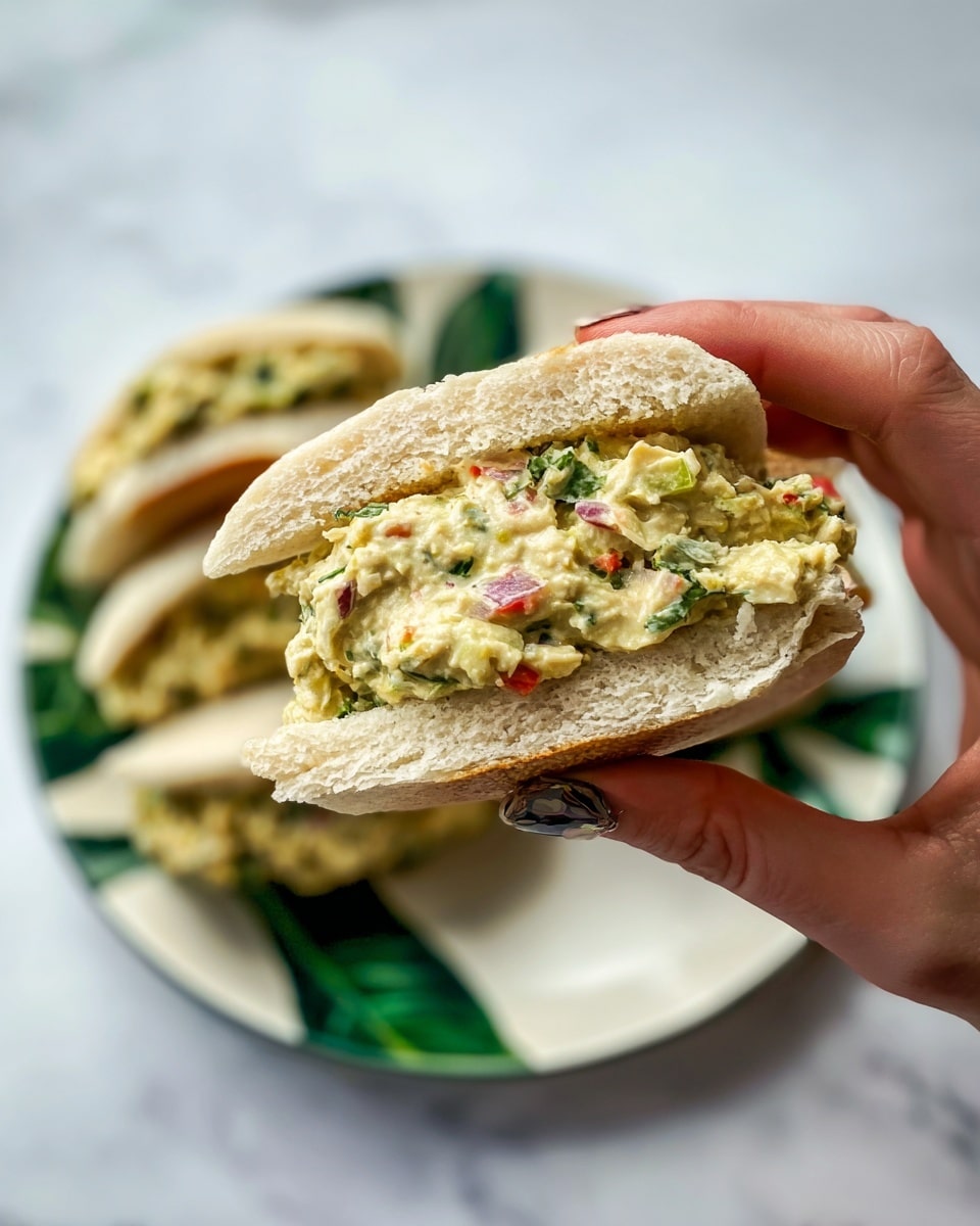 A close-up of a woman's hand holding a sandwich made of a soft, pale beige bread cut in half and filled with a creamy mixture. The filling is thick and chunky, pale yellow-green with visible bits of red, pink, and dark green, indicating a mix of chopped vegetables and herbs. In the background, several similar sandwiches are stacked on a white plate with a green leaf pattern, resting on a white marbled surface. The image is bright with natural light, showing detailed textures of the bread and filling. photo taken with an iphone --ar 4:5 --v 7