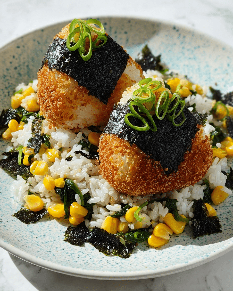 The image shows two triangular rice balls with a crispy, golden-brown coating on their sides and a shiny black seaweed strip on their top center, each topped with thin green onion slices. They sit on a bed of white rice mixed with bright yellow corn kernels, green leafy vegetables, and scattered pieces of black seaweed. The dish is served on a white plate with a light blue speckled pattern, placed on a white marbled texture. photo taken with an iphone --ar 4:5 --v 7