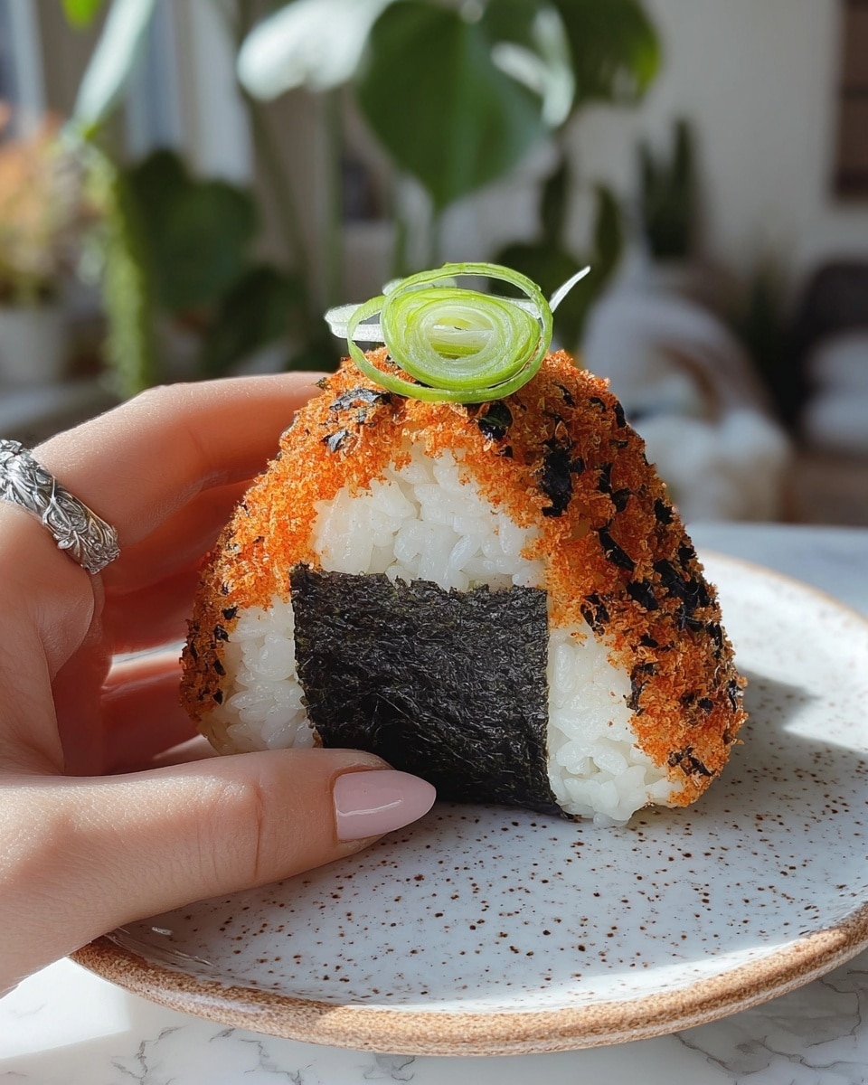 A close-up view of a triangular onigiri held by a woman's hand with a silver ring, showing three main layers: an outer layer coated with an orange and black seasoning giving a textured look, a middle white sticky rice layer, and a bottom black seaweed strip wrapped around it. On top of the rice is a garnish of thinly sliced green onions arranged in a small cross pattern. The onigiri rests on a white plate with a light brown speckled design, placed on a white marbled surface with some soft-focus plants and neutral room background visible. Photo taken with an iphone --ar 4:5 --v 7
