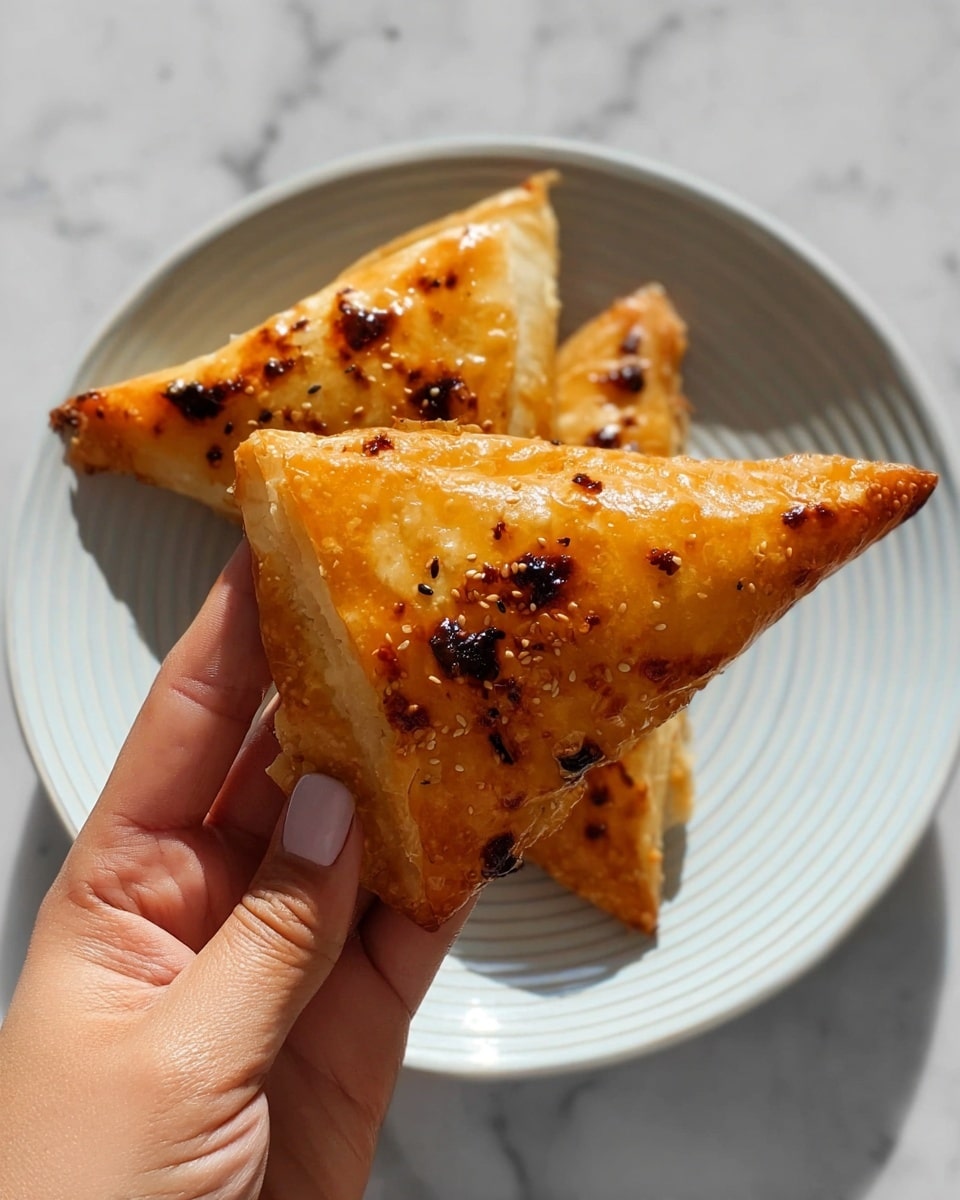 Two golden brown triangular pastries with a shiny, slightly oily surface and dark toasted spots are being held by a woman's hand. The outer layer looks crispy and thin, with some parts showing a light, flaky texture. Below the pastries is a white plate with a subtle swirling pattern, contrasting with the food's warm tones, all set on a white marbled texture surface. Photo taken with an iphone --ar 4:5 --v 7