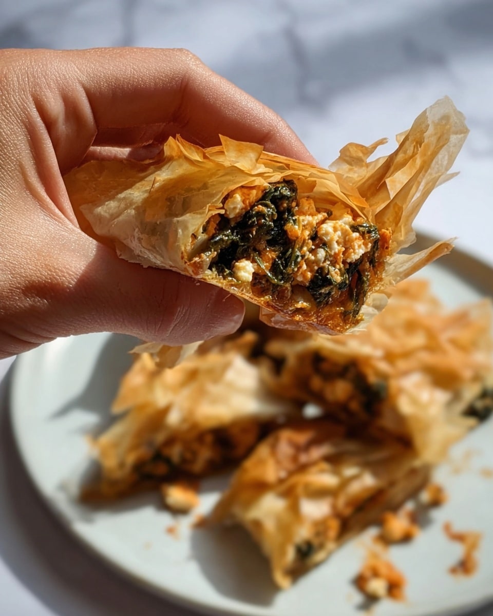 A close-up of a woman's hand holding a piece of a crispy, flaky pastry with multiple thin, golden-brown layers. Inside the pastry is a filling made of dark green leafy vegetables mixed with small chunks of white cheese and a reddish-orange sauce, giving a moist and chunky texture. The background shows a white plate with more pieces of the same pastry, placed on a white marbled surface. The lighting highlights the crispiness and the shine of the filling, making the layers and textures stand out clearly. photo taken with an iphone --ar 4:5 --v 7
