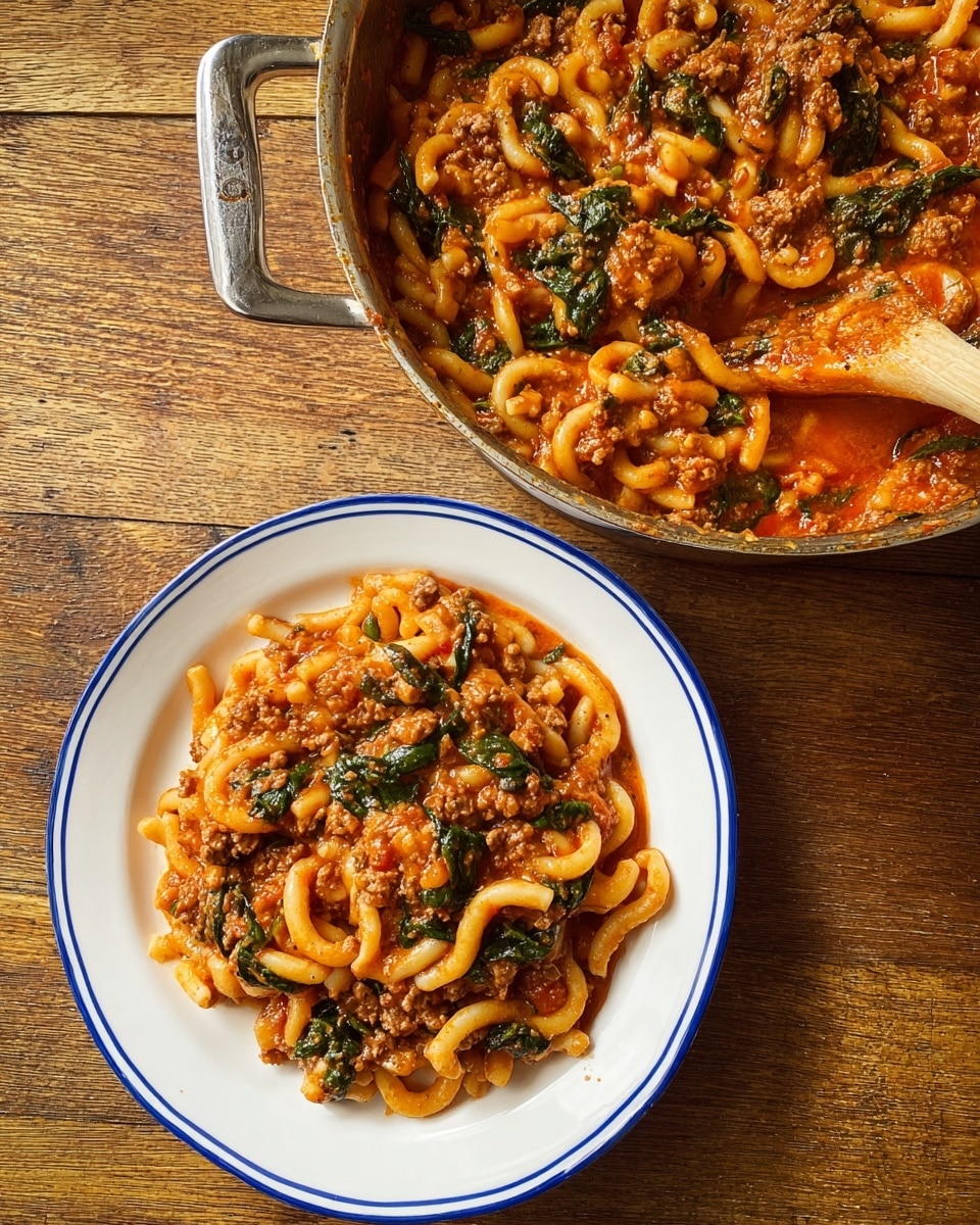 A white plate with a thin blue rim holds a serving of pasta with three visible layers. The bottom layer consists of short, thick, twisted pasta in a light orange, smooth sauce. On top of this is a chunky sauce layer with bits of cooked ground meat, red tomato pieces, and green leafy vegetables, showing a mix of textures from soft to slightly fibrous. The sauce looks rich and thick, covering the pasta unevenly. The whole plate sits on a wooden textured surface. Photo taken with an iphone --ar 4:5 --v 7