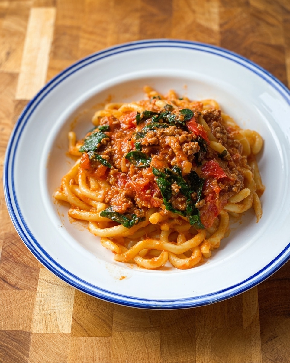 A white plate with a blue rim holds a serving of curly pasta mixed with a thick reddish-orange sauce that contains pieces of cooked ground meat and wilted green spinach leaves scattered evenly throughout. Next to the plate is a metal pot filled with the same pasta and sauce, showing visible chunks of meat, spinach, and small bits of onion in the rich, saucy mix. A wooden spoon rests inside the pot, partially covered in sauce and pasta. The scene is set on a brown wooden textured surface. photo taken with an iphone --ar 4:5 --v 7
