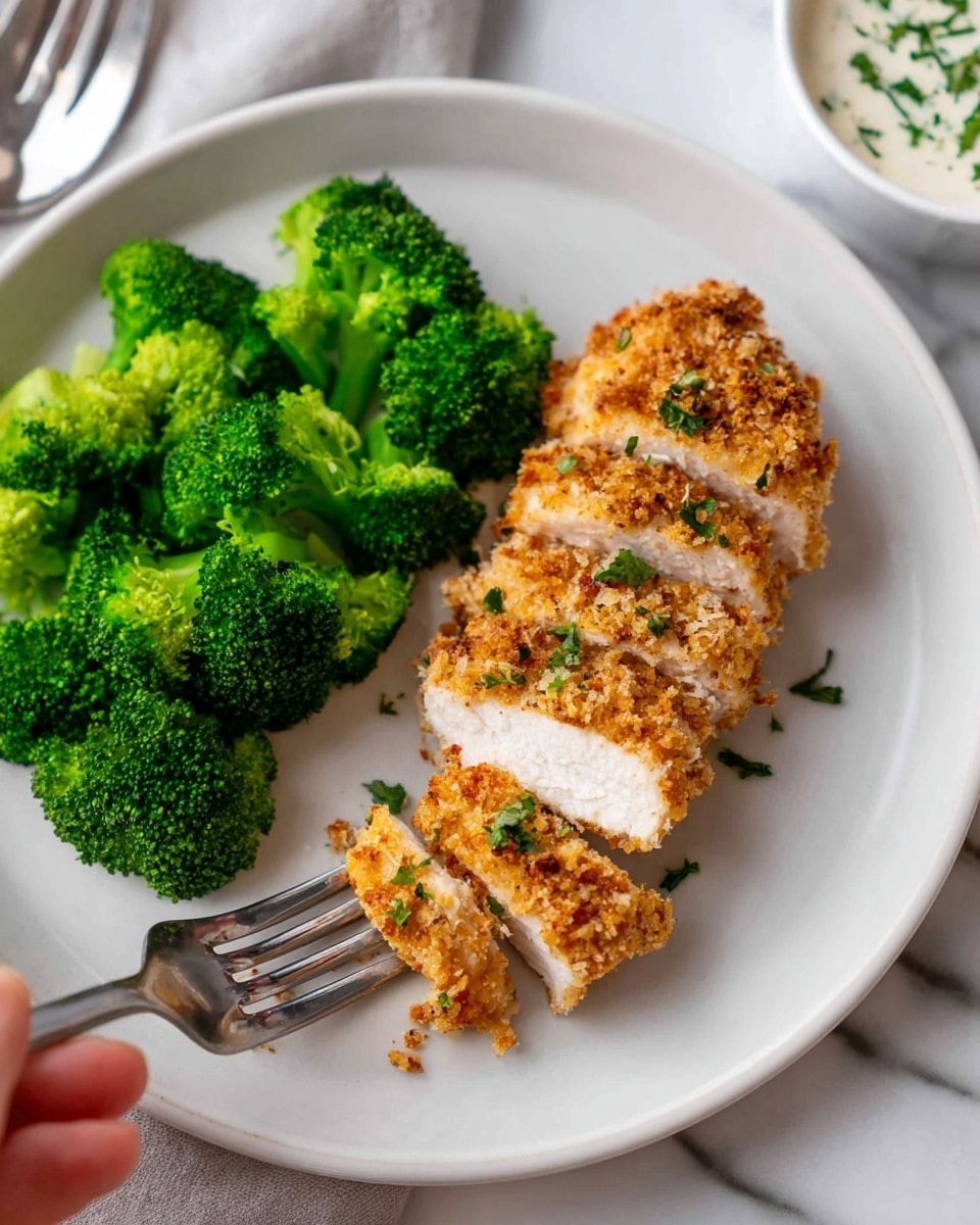 The image shows a white plate with two main parts: on the left side, bright green steamed broccoli florets with a slightly rough texture, and on the right side, several slices of breaded chicken breast arranged in a row. The chicken has a golden-brown crispy crust with visible crumbs and small green herb pieces sprinkled on top. A silver fork held by a woman's hand is gently pressing into the chicken slice closest to the broccoli. The plate sits on a white marbled surface, and in the background, there is a small white bowl with a creamy white sauce garnished with green herbs. photo taken with an iphone --ar 4:5 --v 7