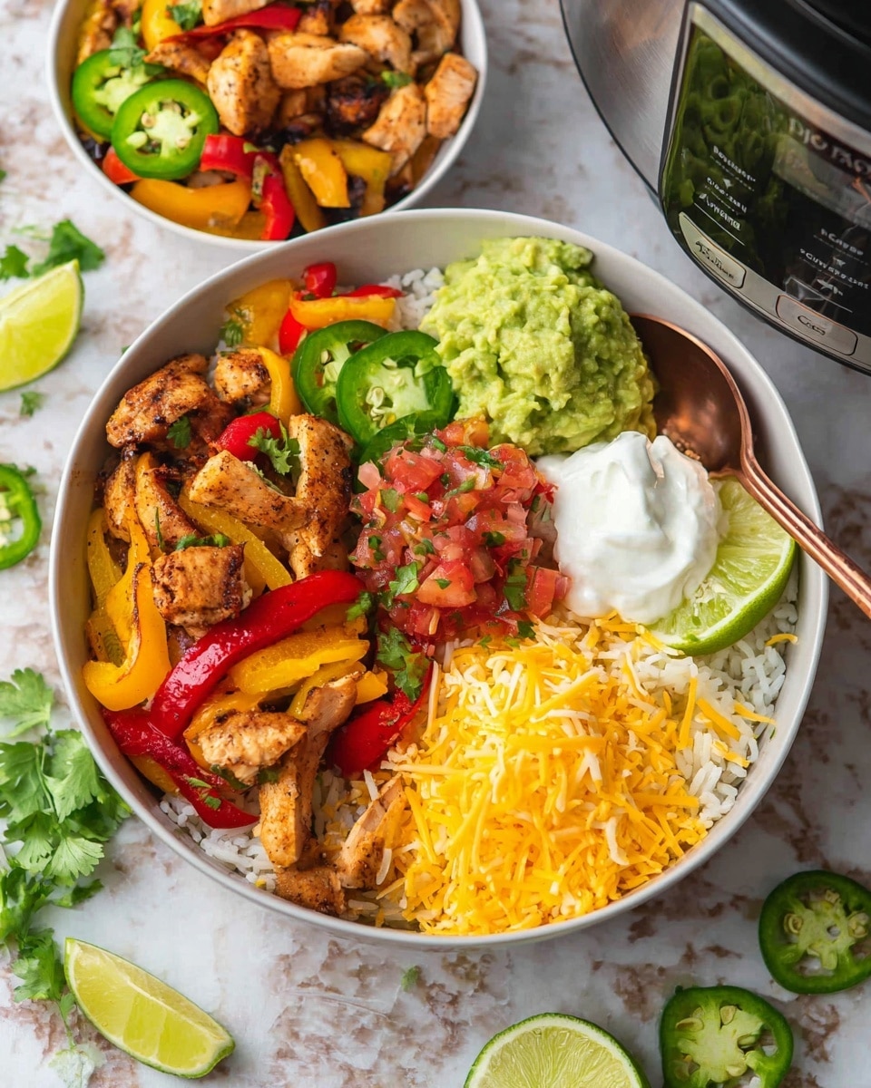 A white bowl filled with four main layers: the bottom layer is white rice, topped with a colorful mix of grilled chicken pieces, red and yellow bell peppers, and onions. On one side of the bowl, there is a mound of green guacamole and next to it, a bright red salsa with chopped vegetables. Beside the salsa is a pile of shredded yellow cheddar cheese, and a dollop of white sour cream rests next to the cheese. The dish is garnished with slices of fresh green jalapeño peppers and wedges of lime placed on top and around the bowl. The bowl is set on a white marbled texture surface with a copper spoon resting inside it. Photo taken with an iphone --ar 4:5 --v 7