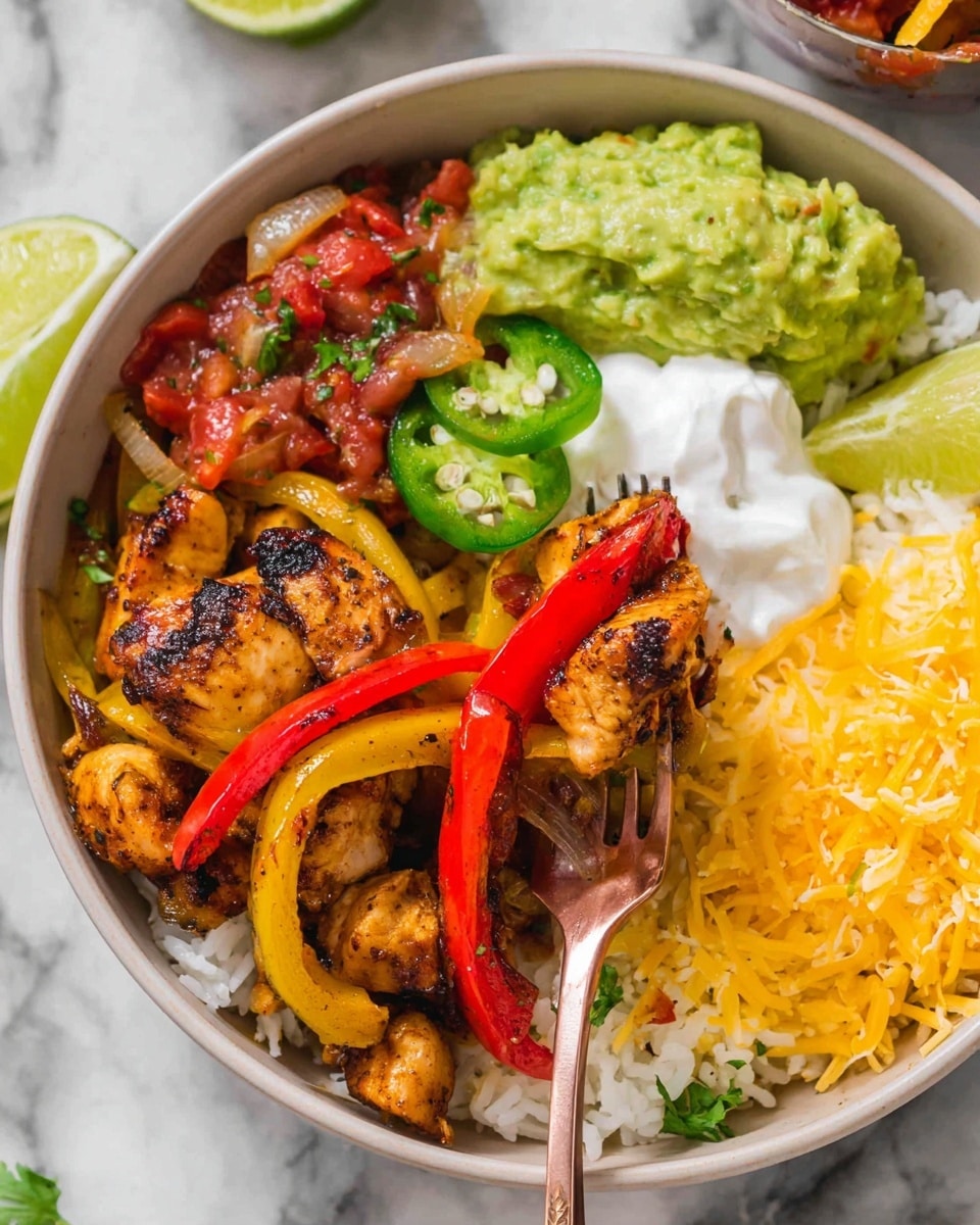 A white bowl filled with layers starting at the bottom with fluffy white rice, topped with golden brown grilled chicken pieces with visible char marks, mixed with sautéed red and yellow bell pepper strips and onions. On one side, there is a scoop of bright green guacamole, next to a chunky red salsa with bits of tomato, onion, and cilantro. On the other side, there is a pile of shredded yellow cheddar cheese and a dollop of white sour cream. A lime wedge is placed near the center, along with two slices of fresh green jalapeño. A rose gold fork is piercing a piece of chicken and a red bell pepper strip at the center of the bowl. The bowl is placed on a white marbled surface. photo taken with an iphone --ar 4:5 --v 7