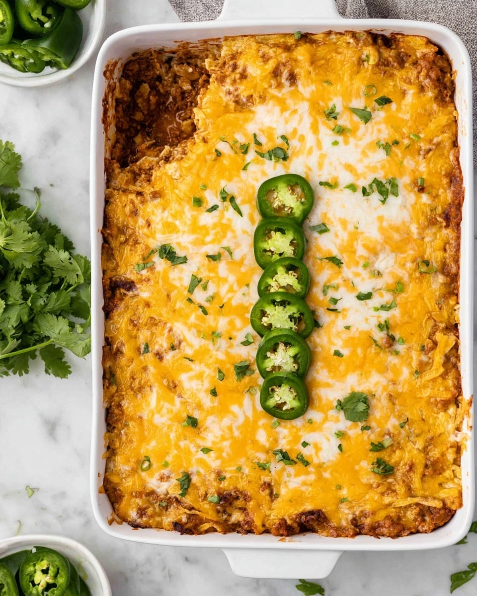 A white rectangular baking dish filled with a cheesy layered casserole, showing one thick layer of shredded yellow and white melted cheese mixed with a brownish, saucy filling underneath. The top is garnished with small green herb pieces and a neat row of sliced green jalapeños placed in the center. The dish is placed on a white marbled surface with some fresh green cilantro leaves nearby and a white bowl of jalapeños to the side. photo taken with an iphone --ar 4:5 --v 7
