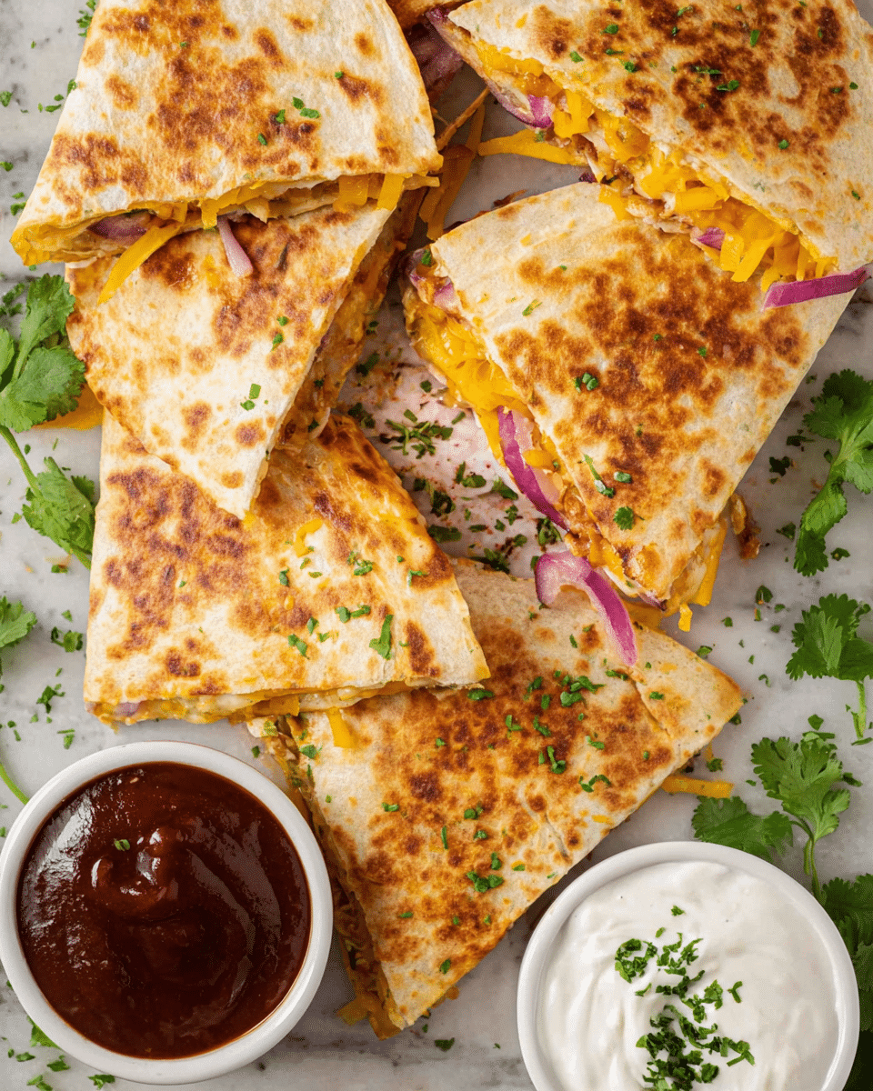 A close-up view of a woman's hand lifting a golden-brown quesadilla triangle filled with melted yellow cheddar cheese, red onions, and bits of green herbs. The quesadilla is being dipped into a small white bowl of creamy white sour cream garnished with small green herb pieces. Around the bowl, there are several more quesadilla pieces stacked on a wooden board lined with white parchment, scattered with fresh green cilantro leaves, thin slices of purple onion, and shredded yellow cheese. The background has a soft focus and a white marbled texture. photo taken with an iphone --ar 4:5 --v 7