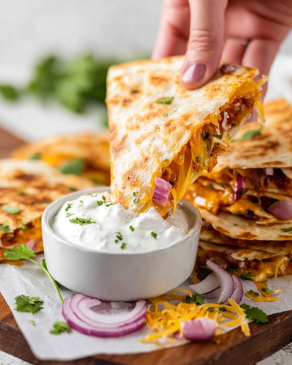 The image shows a group of eight triangular quesadillas arranged closely on a white marbled surface. Each quesadilla has a golden-brown, slightly crispy outer layer with visible browned spots. Inside, there are at least two layers visible: shredded yellow cheese and thin slices of purple onion mixed with some green herbs, likely cilantro. Around the quesadillas, fresh green cilantro leaves are scattered. There are two small white bowls nearby—one filled with a smooth dark red-brown sauce and the other filled with a creamy white dip topped with chopped green herbs. The overall look is warm, inviting, and freshly prepared. Photo taken with an iphone --ar 4:5 --v 7