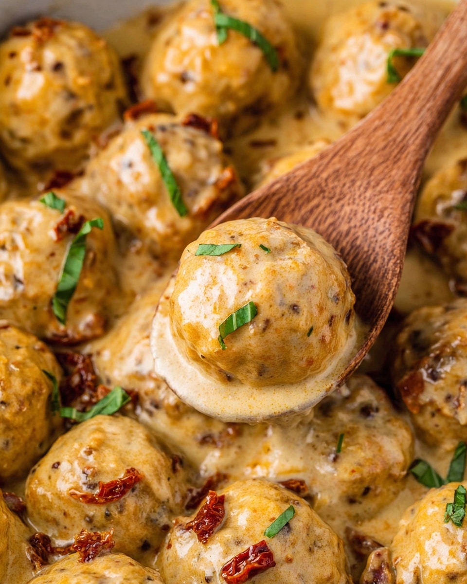 The image shows many round, golden-yellow meatballs covered in a creamy sauce with visible bits of sun-dried tomatoes and small green herb strips sprinkled on top. The meatballs have a smooth texture with some small cracks and specks of seasoning throughout. A wooden spoon is lifting two meatballs, showing the thick sauce pooling slightly beneath them. The background is a close-up view of the dish, with the white marbled texture barely visible around the edges. photo taken with an iphone --ar 4:5 --v 7