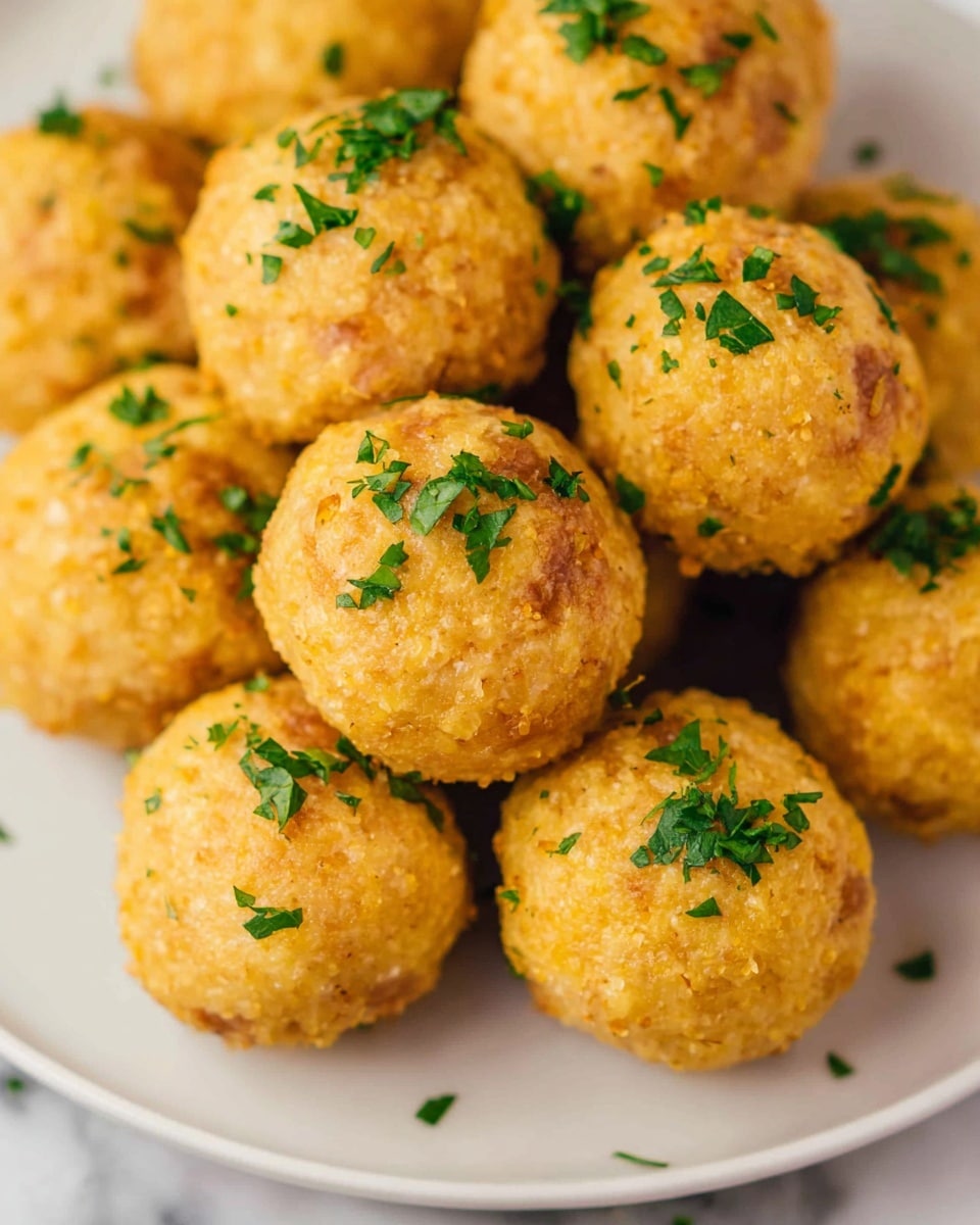 The image shows a close-up view of a group of golden-brown round balls arranged closely together. Each ball has a slightly rough texture with small, visible grains, and they are topped with small, bright green chopped herbs sprinkled unevenly over them. The balls are set on a white plate, and the background features a soft, white marbled texture, giving it a clean and fresh look. photo taken with an iphone --ar 4:5 --v 7